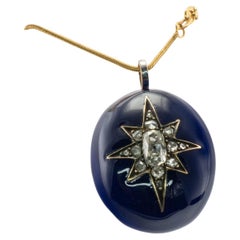 Victorian Diamond Star Blue Enamel Pendant 14K Gold Antique, C. 1890