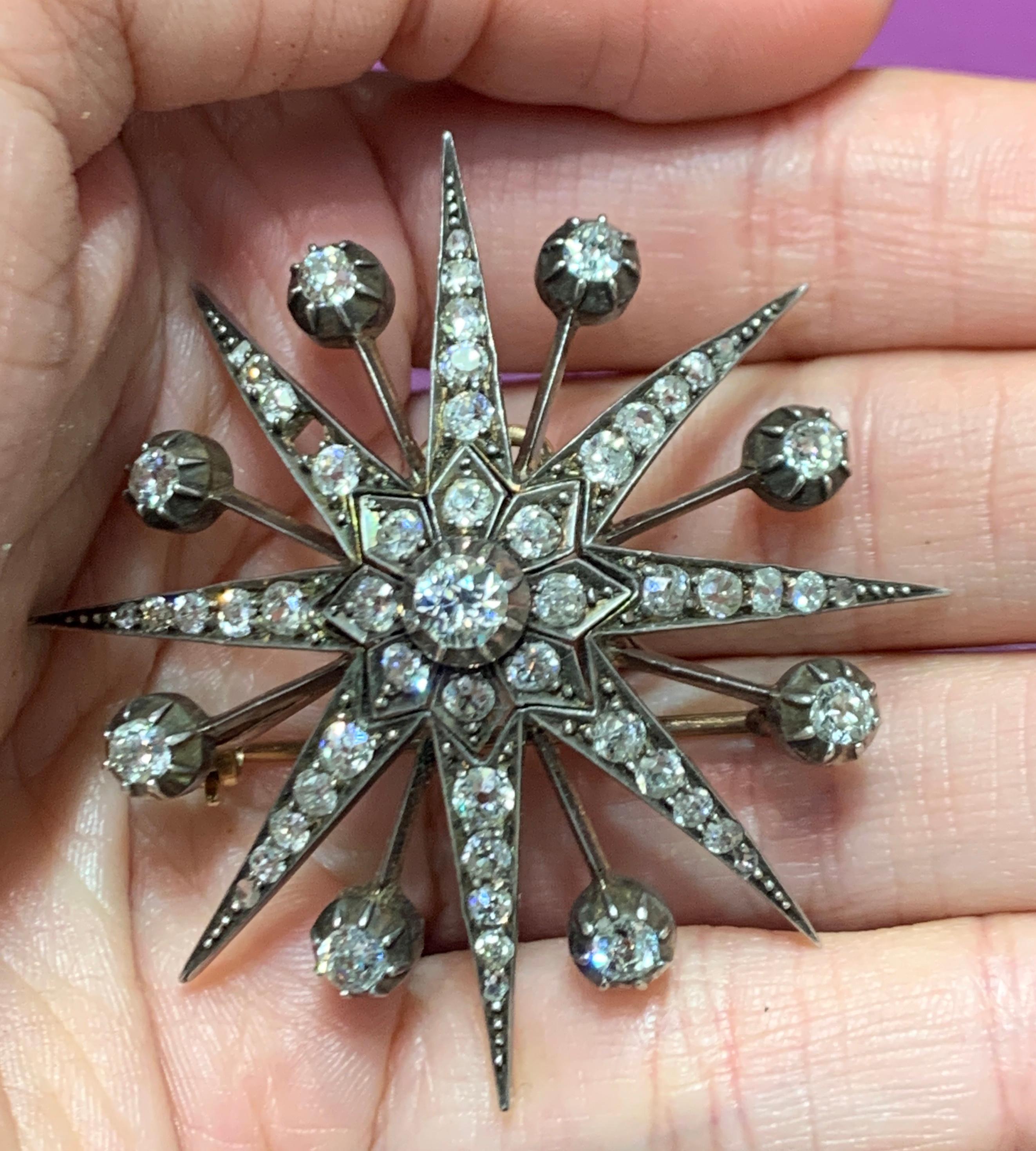 Victorian Diamond Star Brooch 
Mounted on Silver and Gold
Measurements: 1.75 inches long
Total approximate diamond weight: 5.6ct