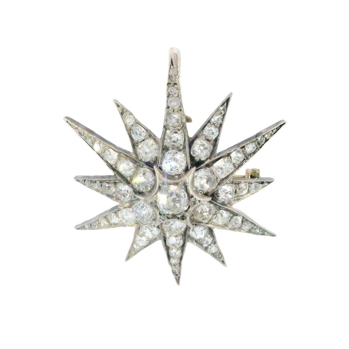 Old Mine Cut Victorian Diamond Star Pendant Brooch Silver-topped 14K Gold ~3.5ctw