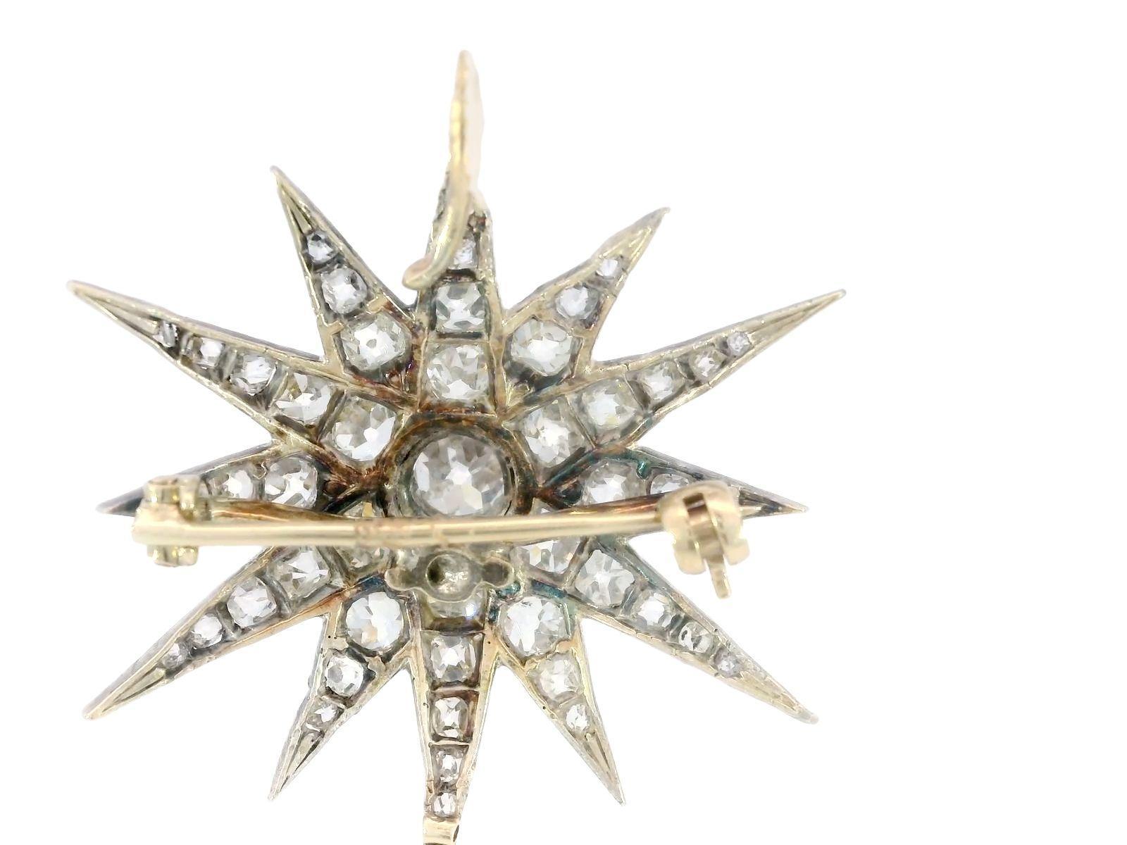 Victorian Diamond Star Pendant Brooch Silver-topped 14K Gold ~3.5ctw In Good Condition In Fairfield, CT