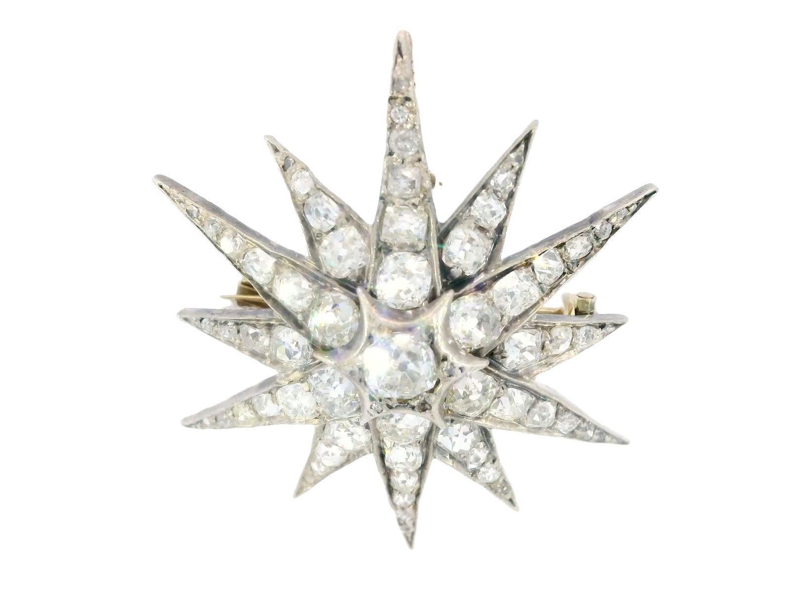 Victorian Diamond Star Pendant Brooch Silver-topped 14K Gold ~3.5ctw 2