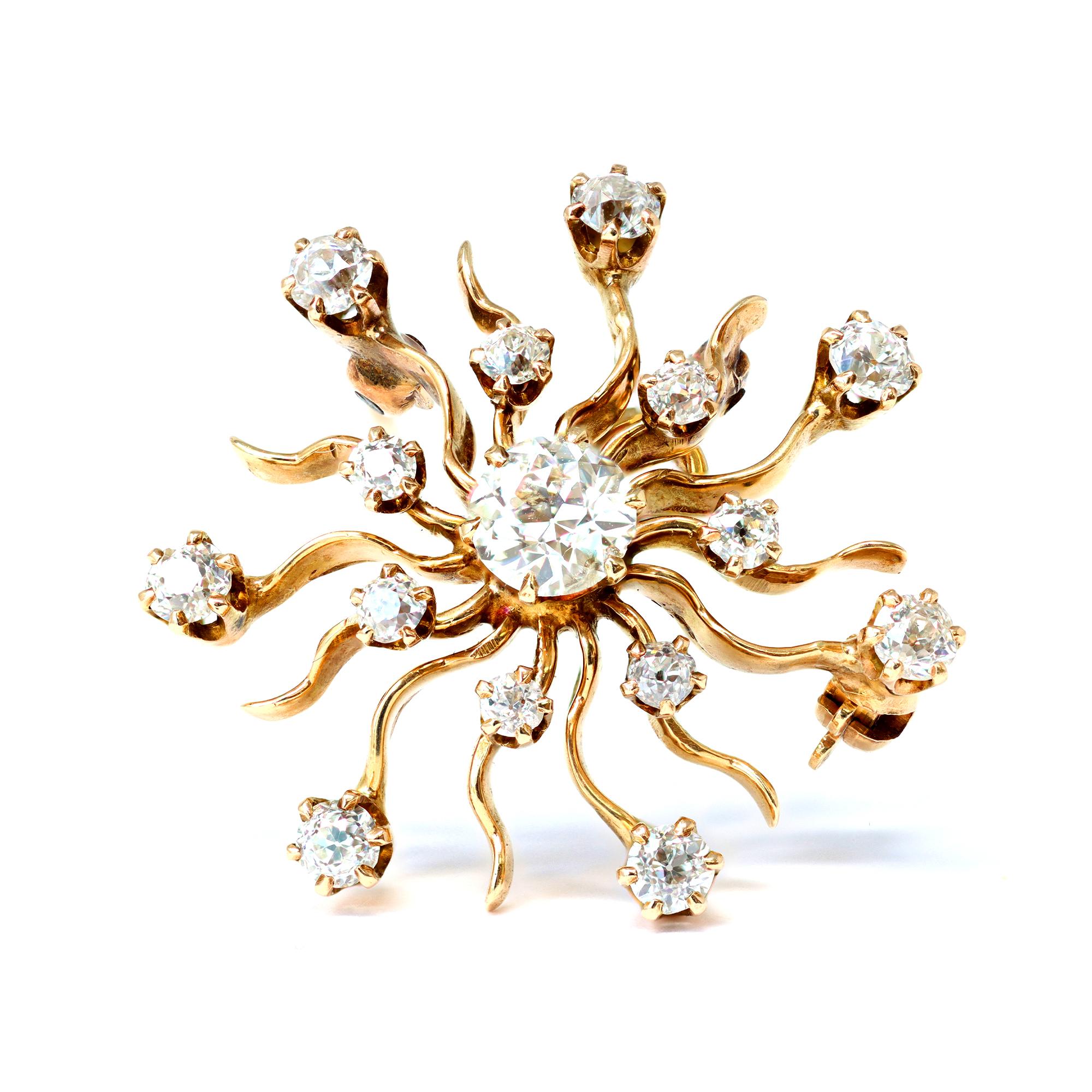 A classic and popular design straight from the Victorian era, Circa 1880-90, featuring a diamond starburst Brooch/pendant set in 14 katat yellow gold. The piece is set with old mine cut diamonds with an estimated weight of 1.82 carats, LMN color, SI