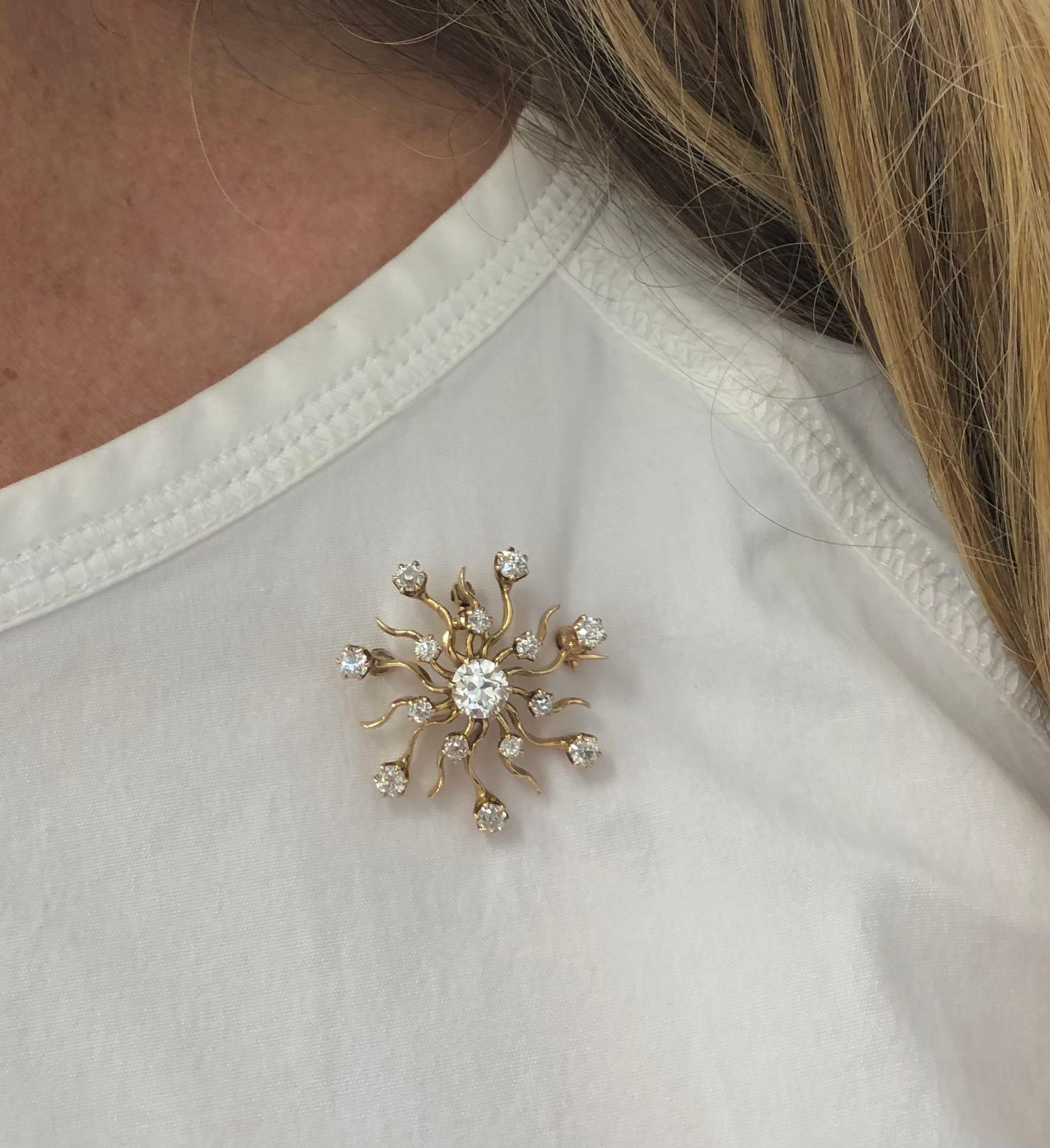 Victorian Diamond Starburst Pendant/Brooch Set in 14 Karat Gold For Sale 1