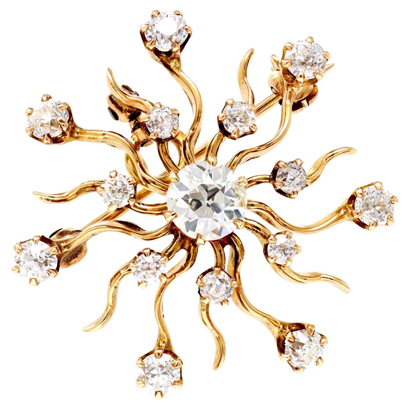 Victorian Diamond Starburst Pendant/Brooch Set in 14 Karat Gold For Sale