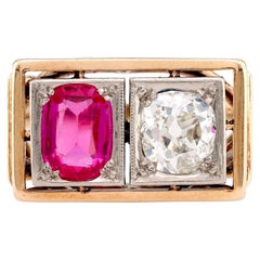 Victorian Diamond Synthetic 14K Yellow Gold Silver Two Stone Ring