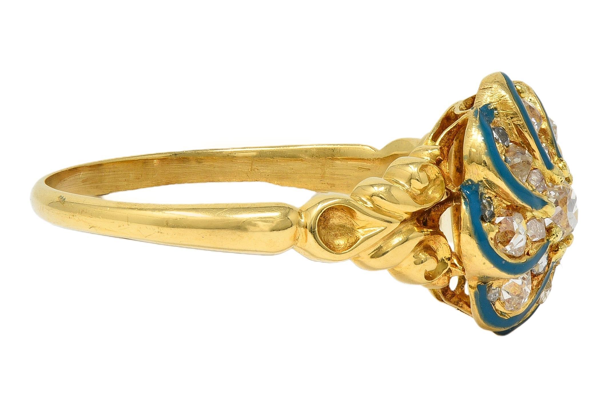 Vittoriano Anello vittoriano con diamante e smalto verde acqua in oro 18 carati, anello a grappolo floreale vorticoso in vendita