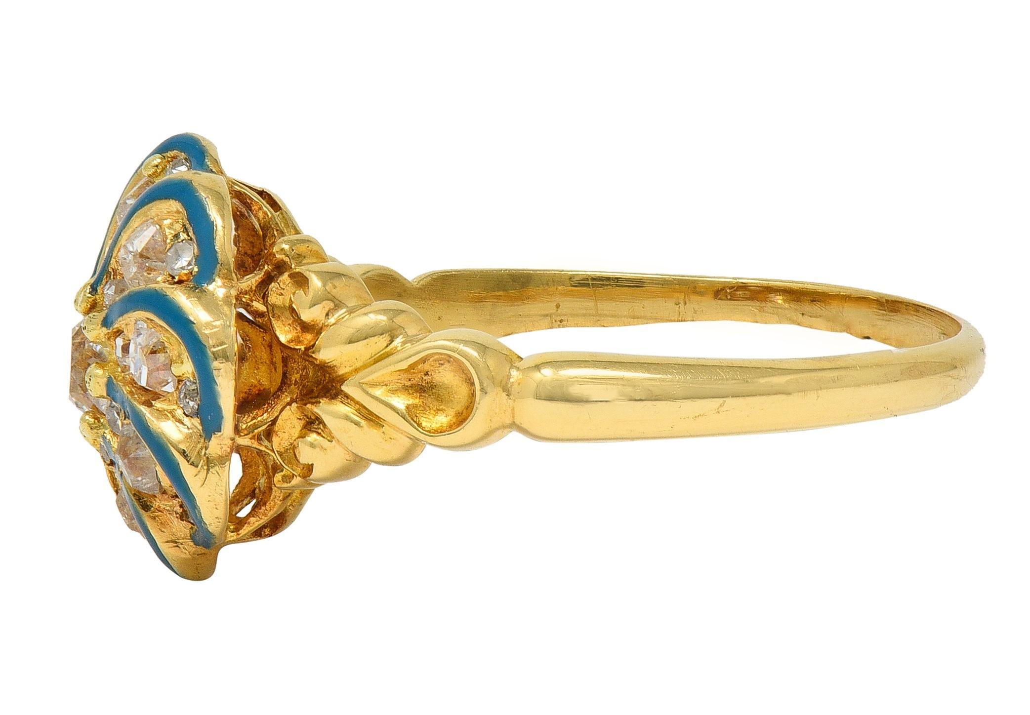 Anello vittoriano con diamante e smalto verde acqua in oro 18 carati, anello a grappolo floreale vorticoso In condizioni ottime in vendita a Philadelphia, PA