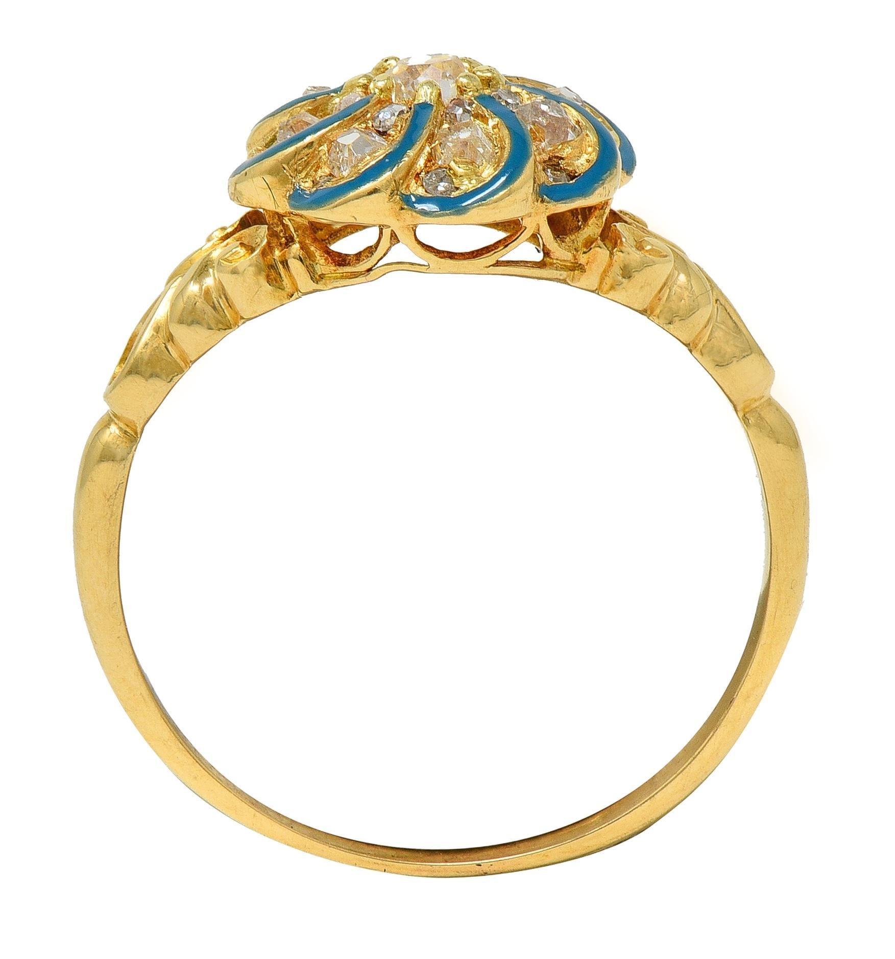 Donna Anello vittoriano con diamante e smalto verde acqua in oro 18 carati, anello a grappolo floreale vorticoso in vendita