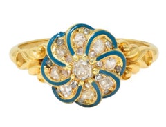 Anello vittoriano con diamante e smalto verde acqua in oro 18 carati, anello a grappolo floreale vorticoso