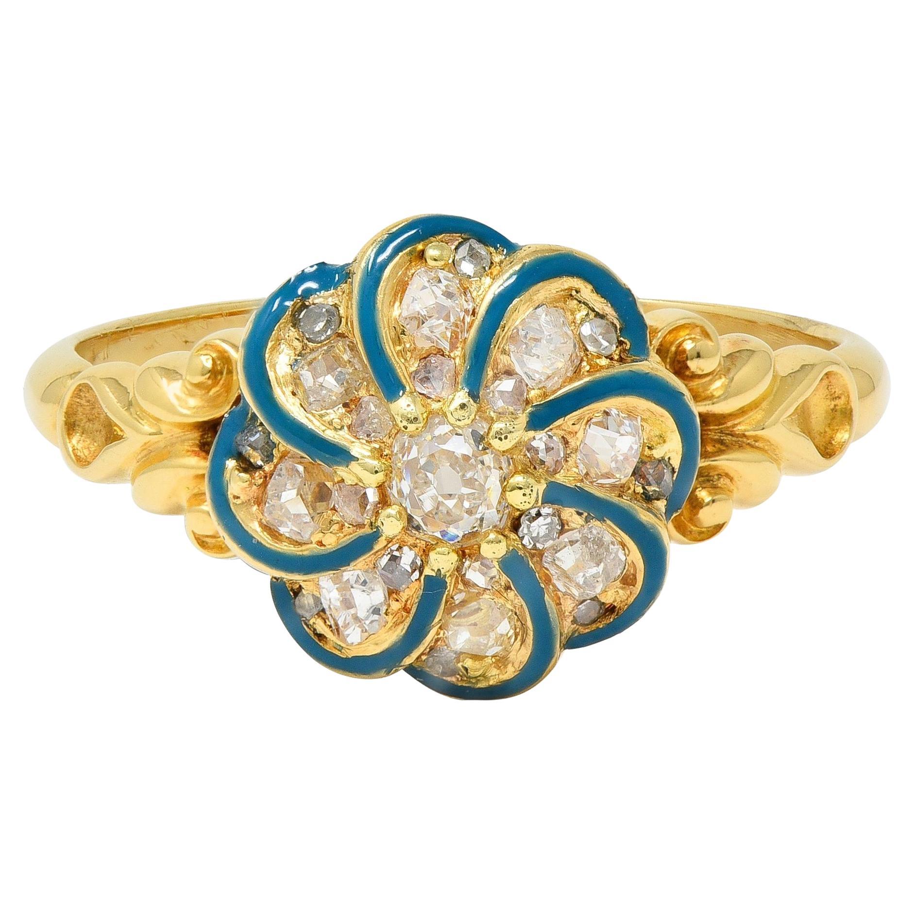 Bague victorienne à diamant, émail sarcelle, or 18K, bague ancienne à fleur tourbillonnante en vente