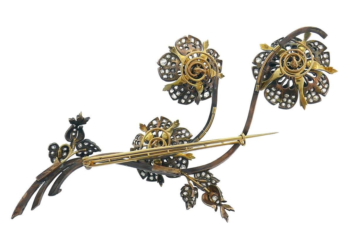 Viktorianische Diamant-Tremblone-Brosche Französisch 18k Gold Silber Antike Clip Pin (Alteuropäischer Brillantschliff) im Angebot