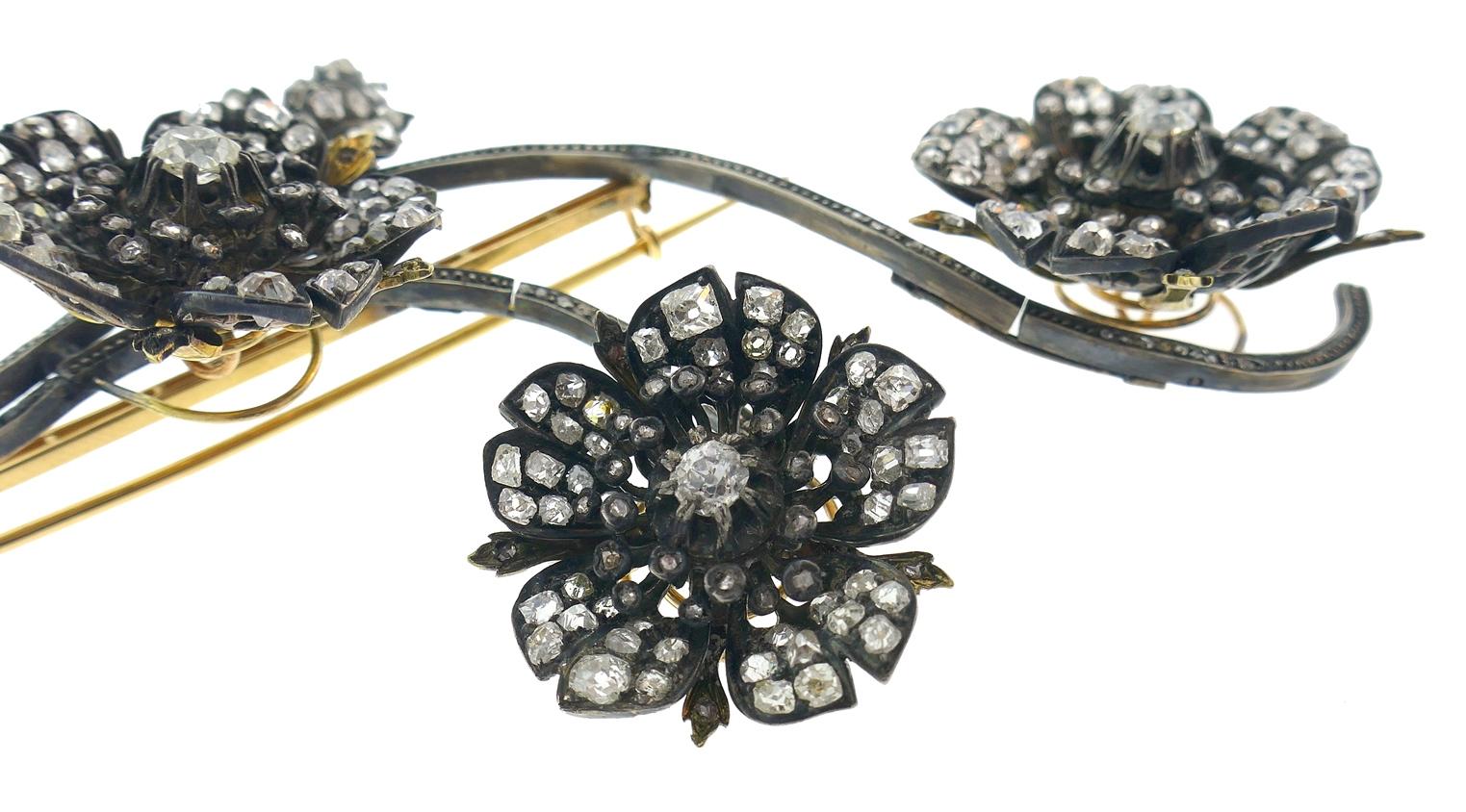 Viktorianische Diamant-Tremblone-Brosche Französisch 18k Gold Silber Antike Clip Pin für Damen oder Herren im Angebot