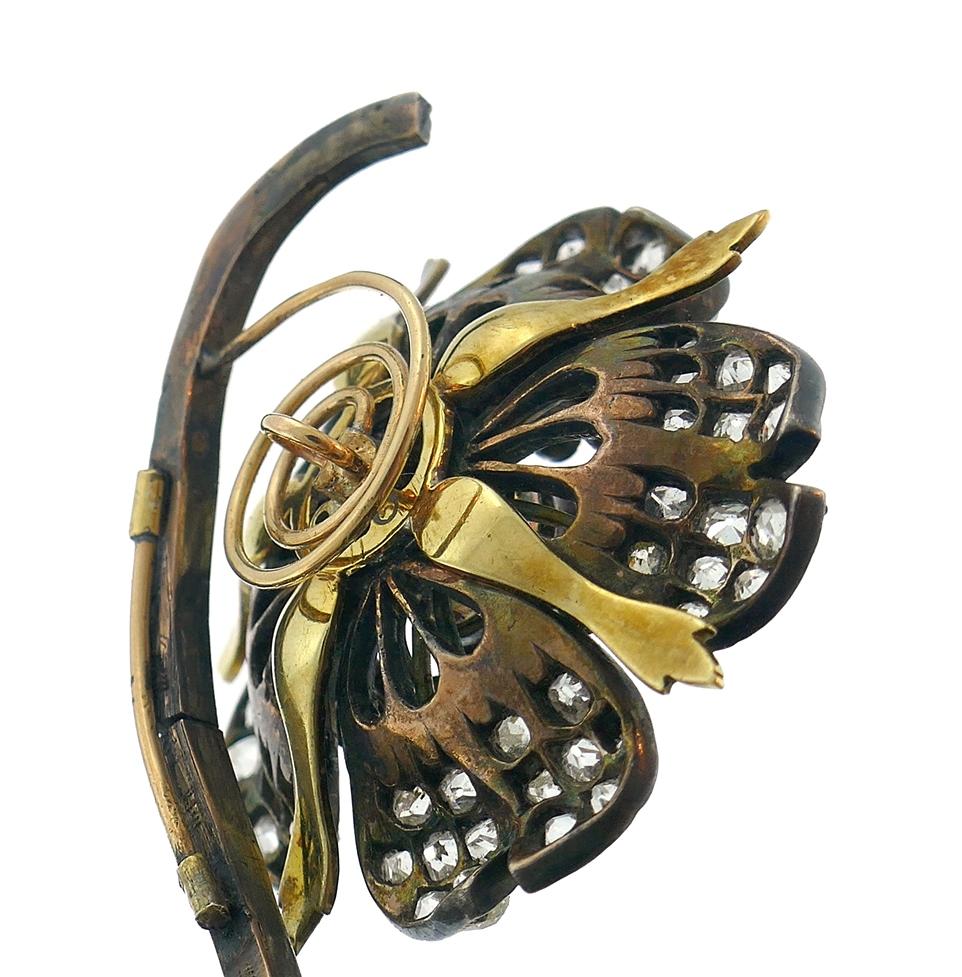 Viktorianische Diamant-Tremblone-Brosche Französisch 18k Gold Silber Antike Clip Pin im Angebot 2
