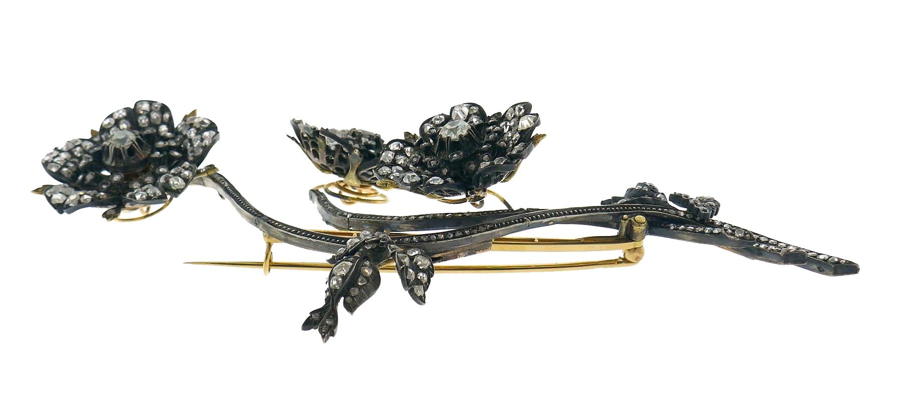 Viktorianische Diamant-Tremblone-Brosche Französisch 18k Gold Silber Antike Clip Pin im Angebot 3
