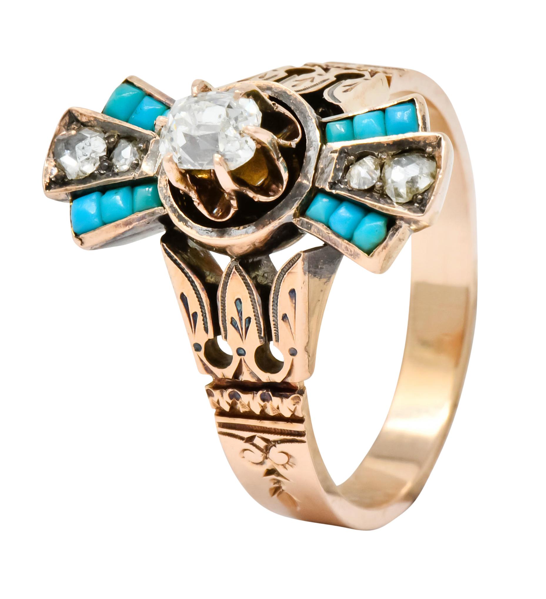 Victorian Diamond Turquoise 14 Karat Rose Gold Statement Ring 5