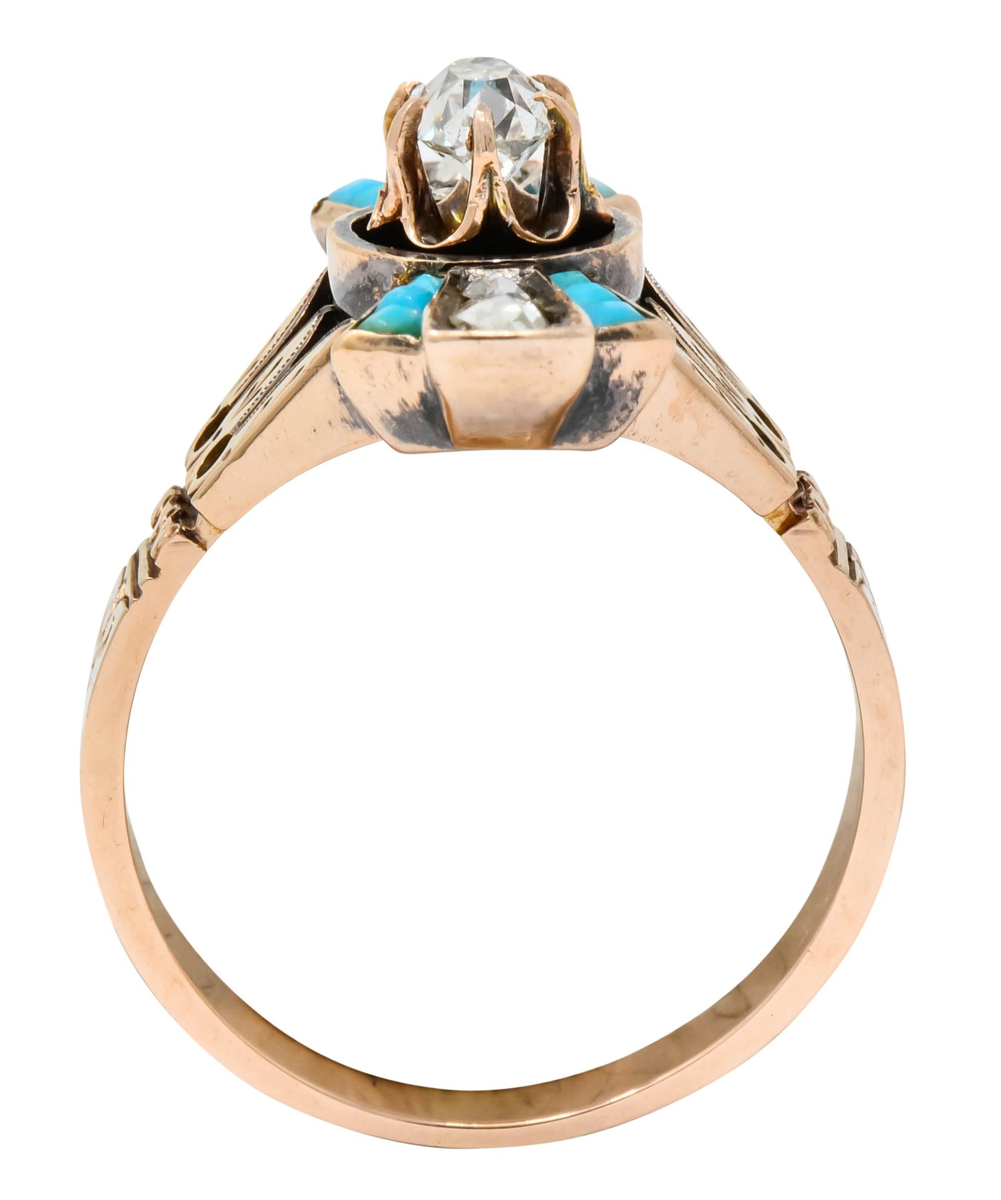 Victorian Diamond Turquoise 14 Karat Rose Gold Statement Ring 3