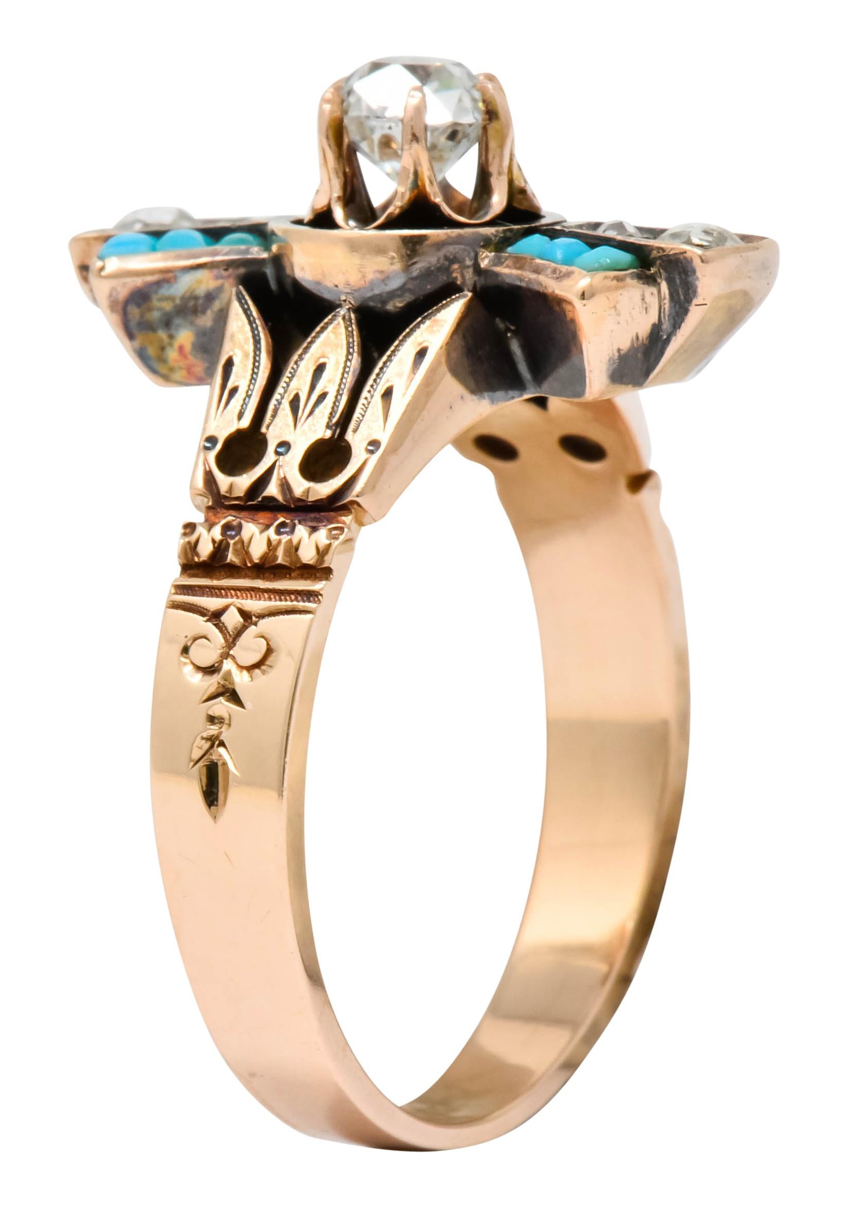 Victorian Diamond Turquoise 14 Karat Rose Gold Statement Ring 4