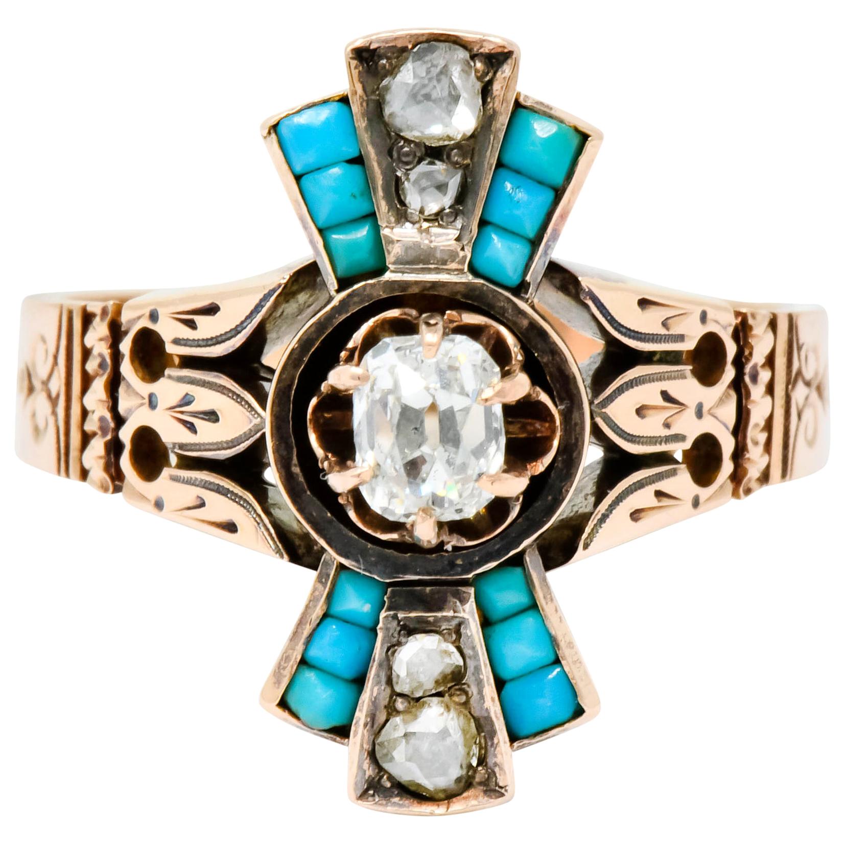 Victorian Diamond Turquoise 14 Karat Rose Gold Statement Ring