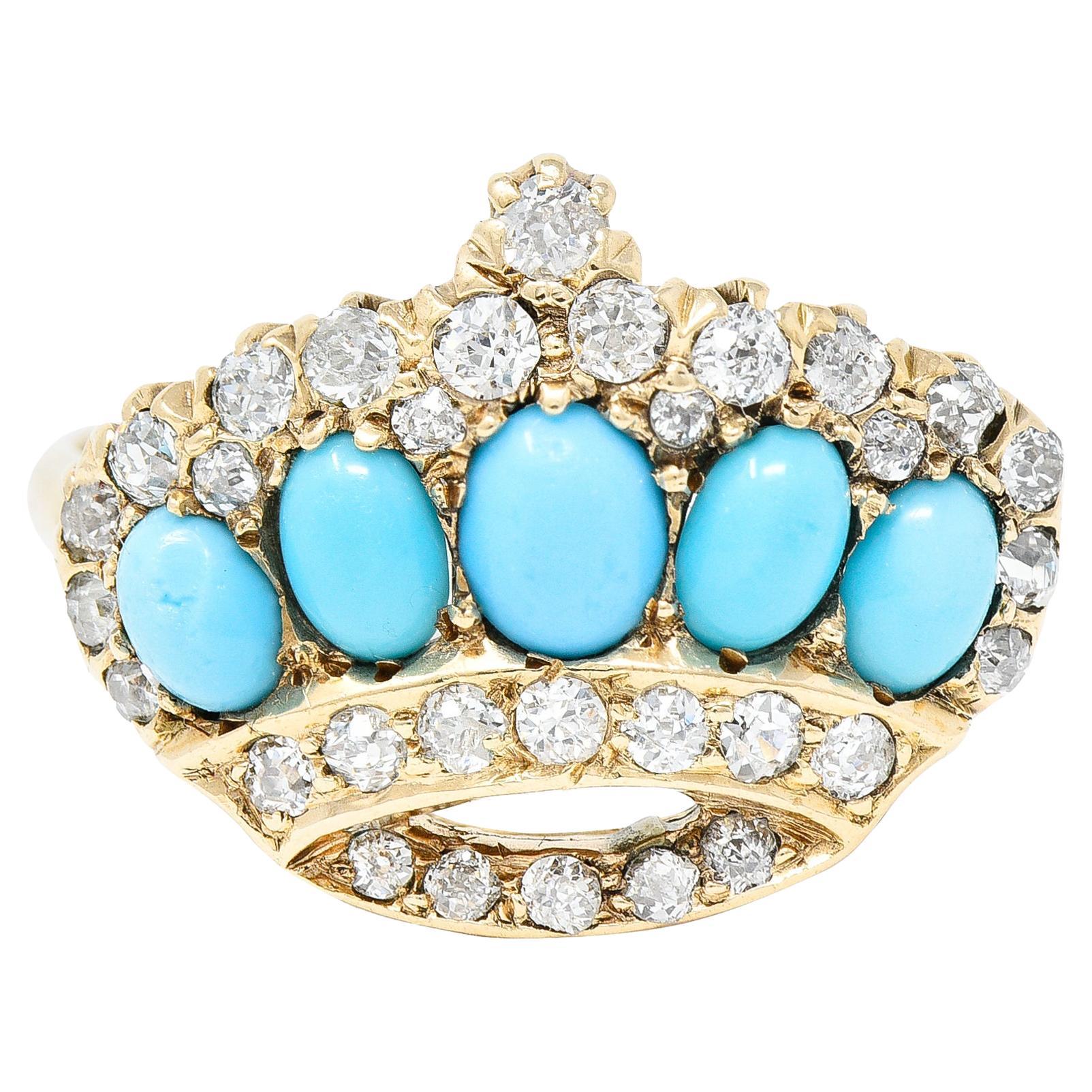 Victorian Diamond Turquoise 14 Karat Yellow Gold Crown Antique Ring