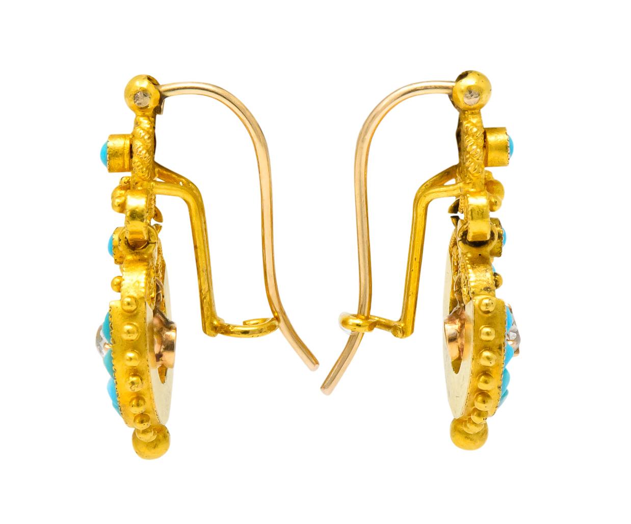 Women's or Men's Victorian Diamond Turquoise 18 Karat Gold Drop Earrings