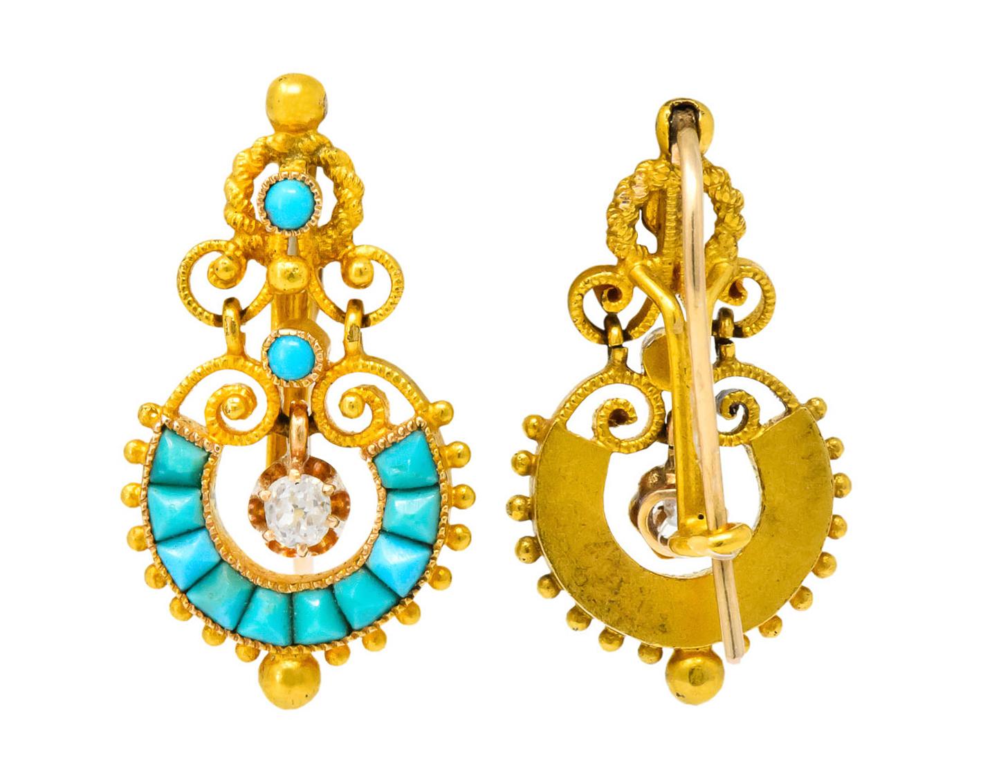 Victorian Diamond Turquoise 18 Karat Gold Drop Earrings 2