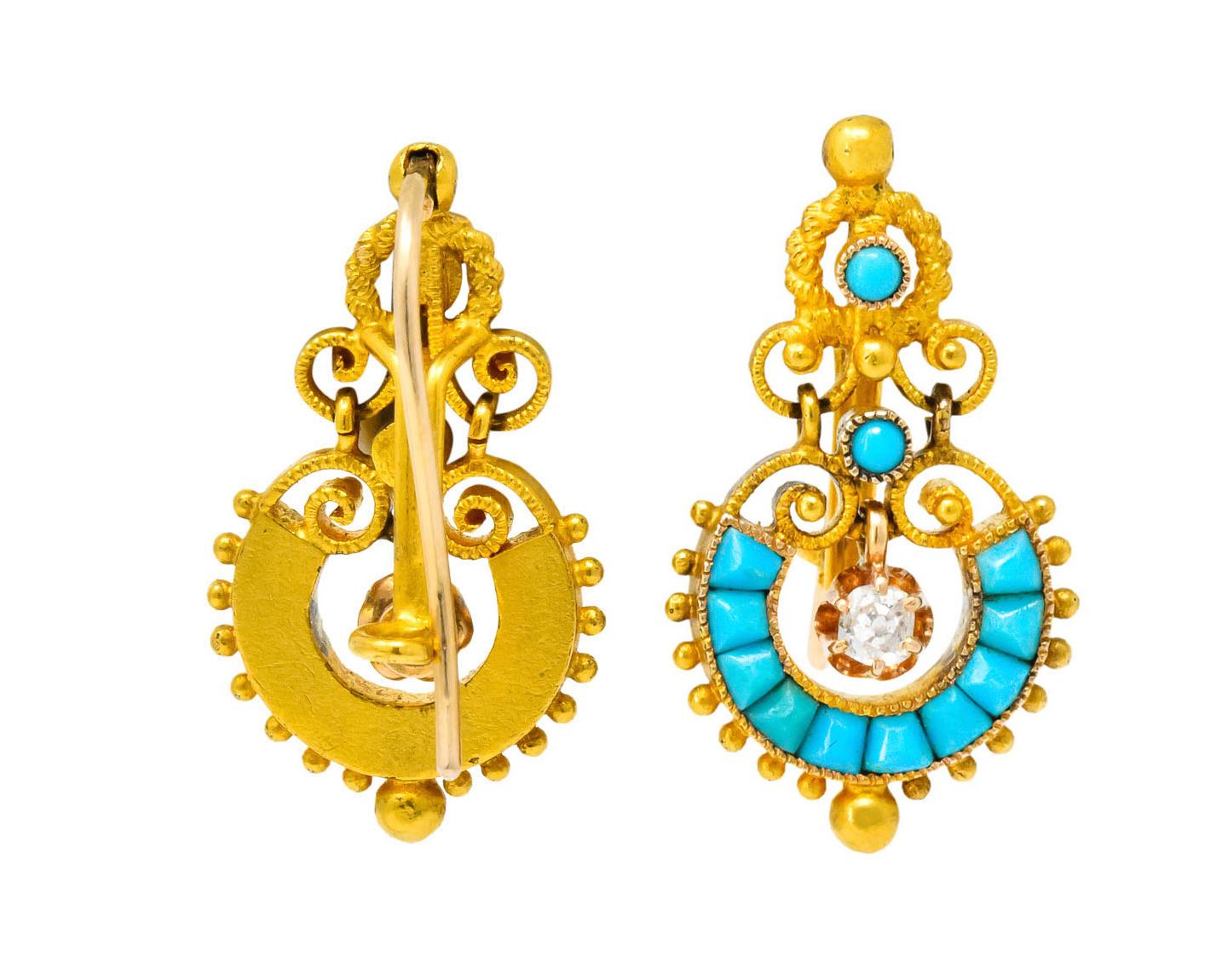 Victorian Diamond Turquoise 18 Karat Gold Drop Earrings 3