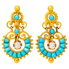 Victorian Diamond Turquoise 18 Karat Gold Drop Earrings