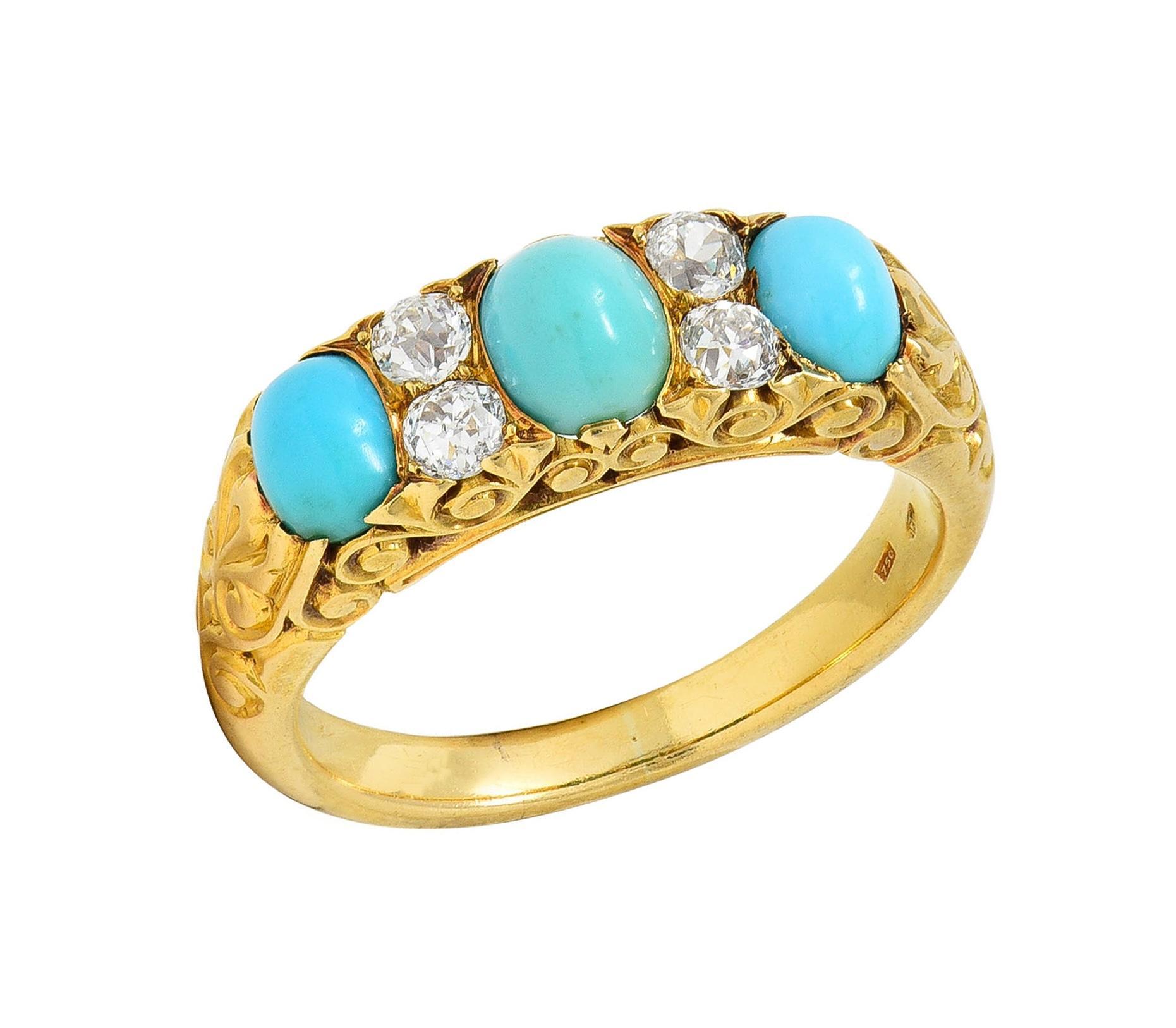 Victorian Diamond Turquoise 18 Karat Yellow Gold Scrolling Antique Band Ring For Sale 6