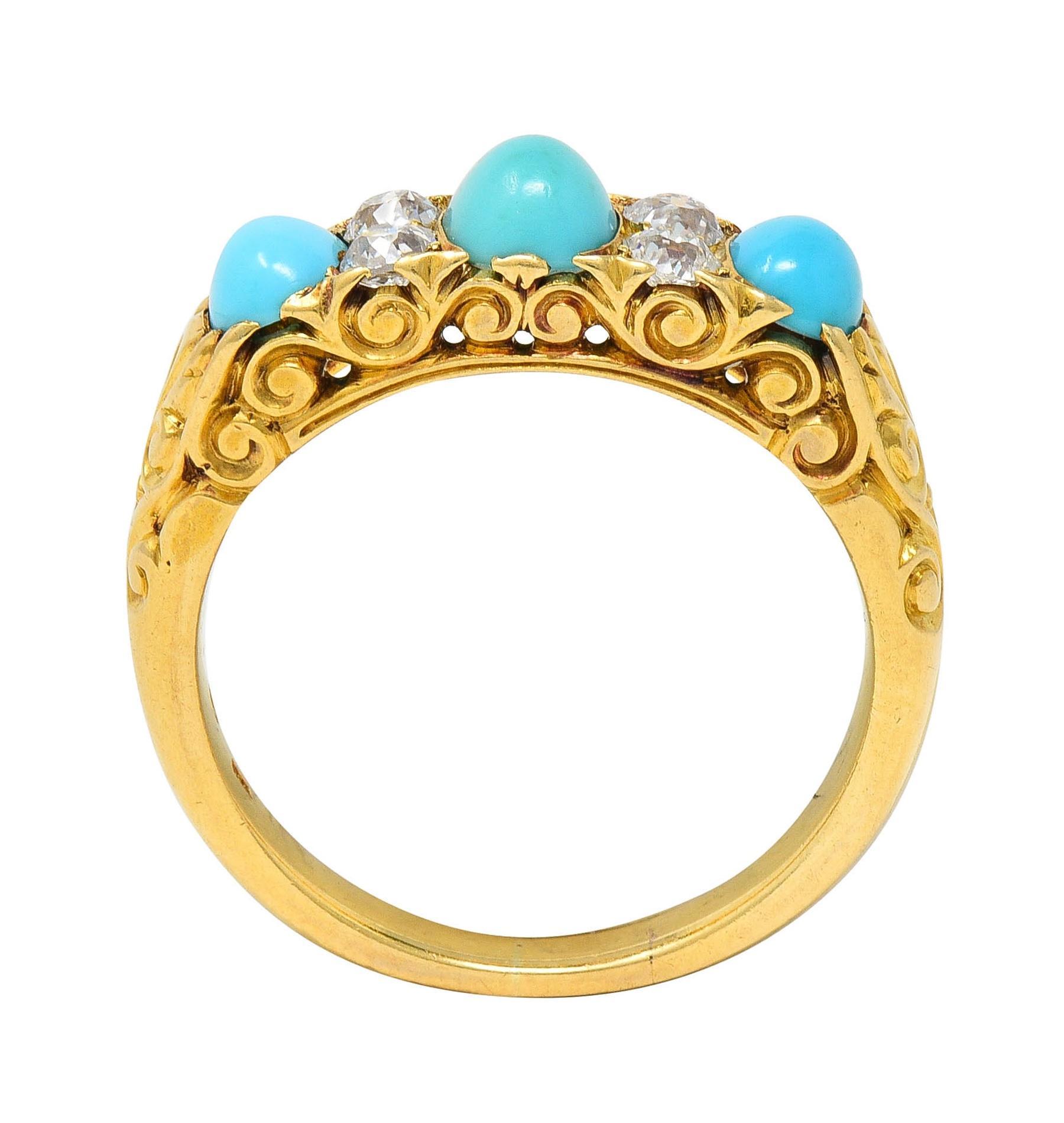 Victorian Diamond Turquoise 18 Karat Yellow Gold Scrolling Antique Band Ring For Sale 7
