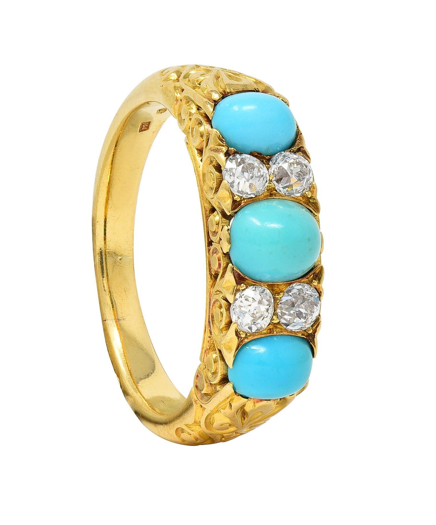 Victorian Diamond Turquoise 18 Karat Yellow Gold Scrolling Antique Band Ring For Sale 8
