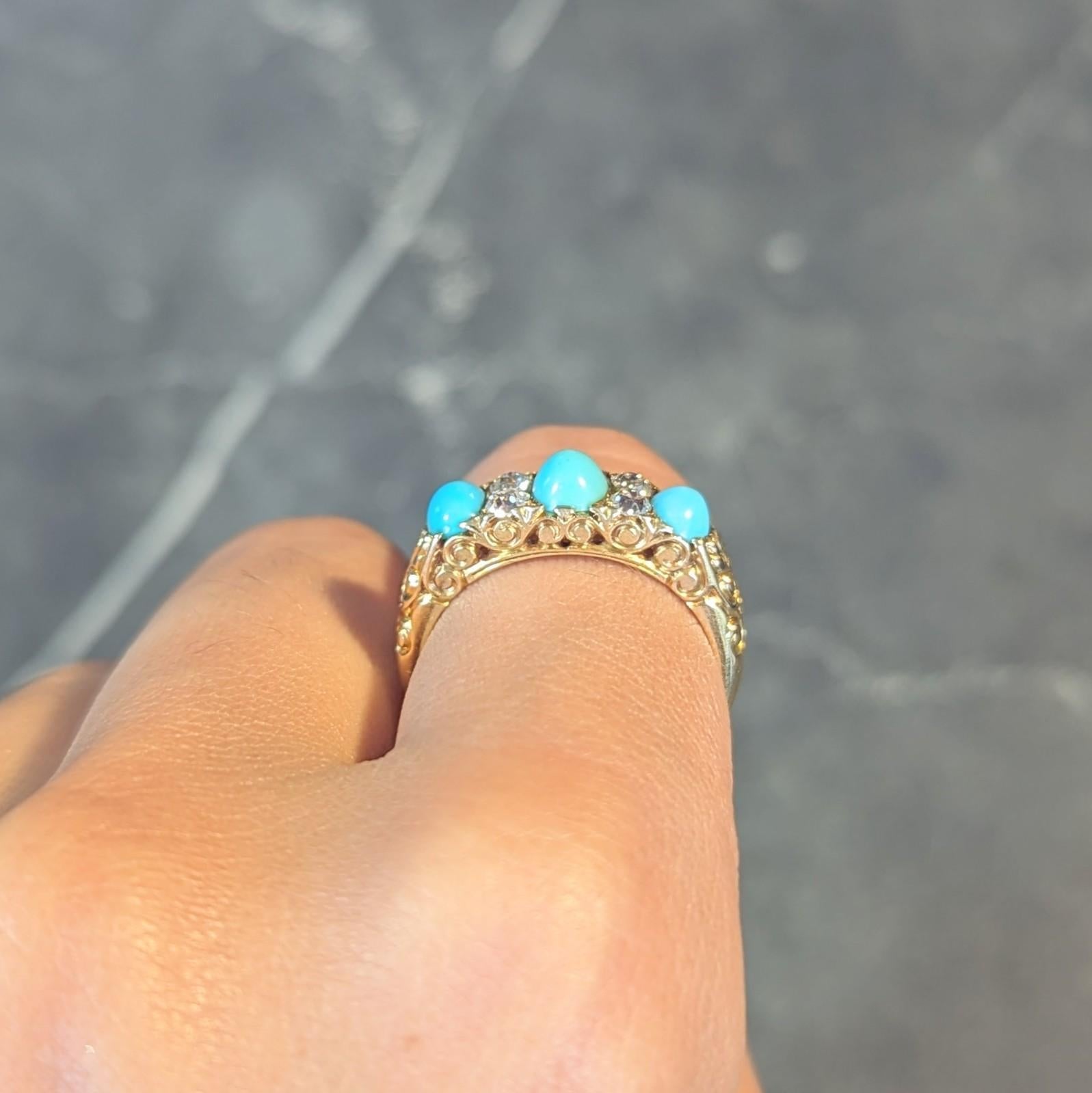 Victorian Diamond Turquoise 18 Karat Yellow Gold Scrolling Antique Band Ring For Sale 9