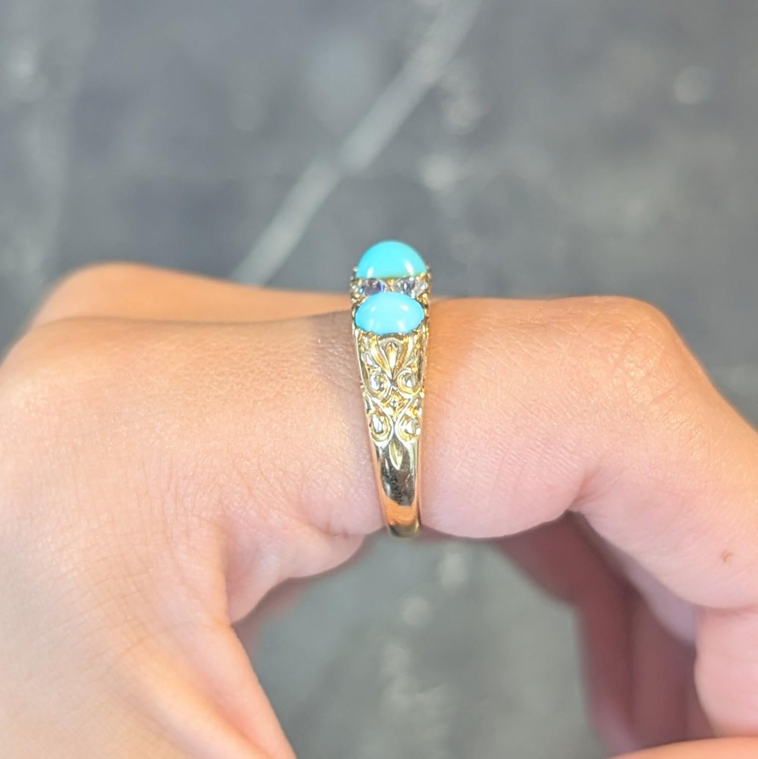 Victorian Diamond Turquoise 18 Karat Yellow Gold Scrolling Antique Band Ring For Sale 10