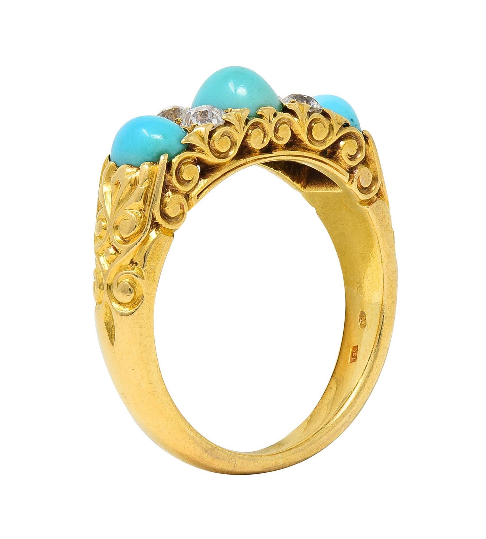 Centering three graduated sugarloaf turquoise cabochons flush set east to west
Opaque robin's egg blue to light greenish blue in color
Ranging in size from 4.0 x 5.0 mm to 5.0 x 6.5 mm 
Alternating in pattern with old European cut diamonds
Weighing