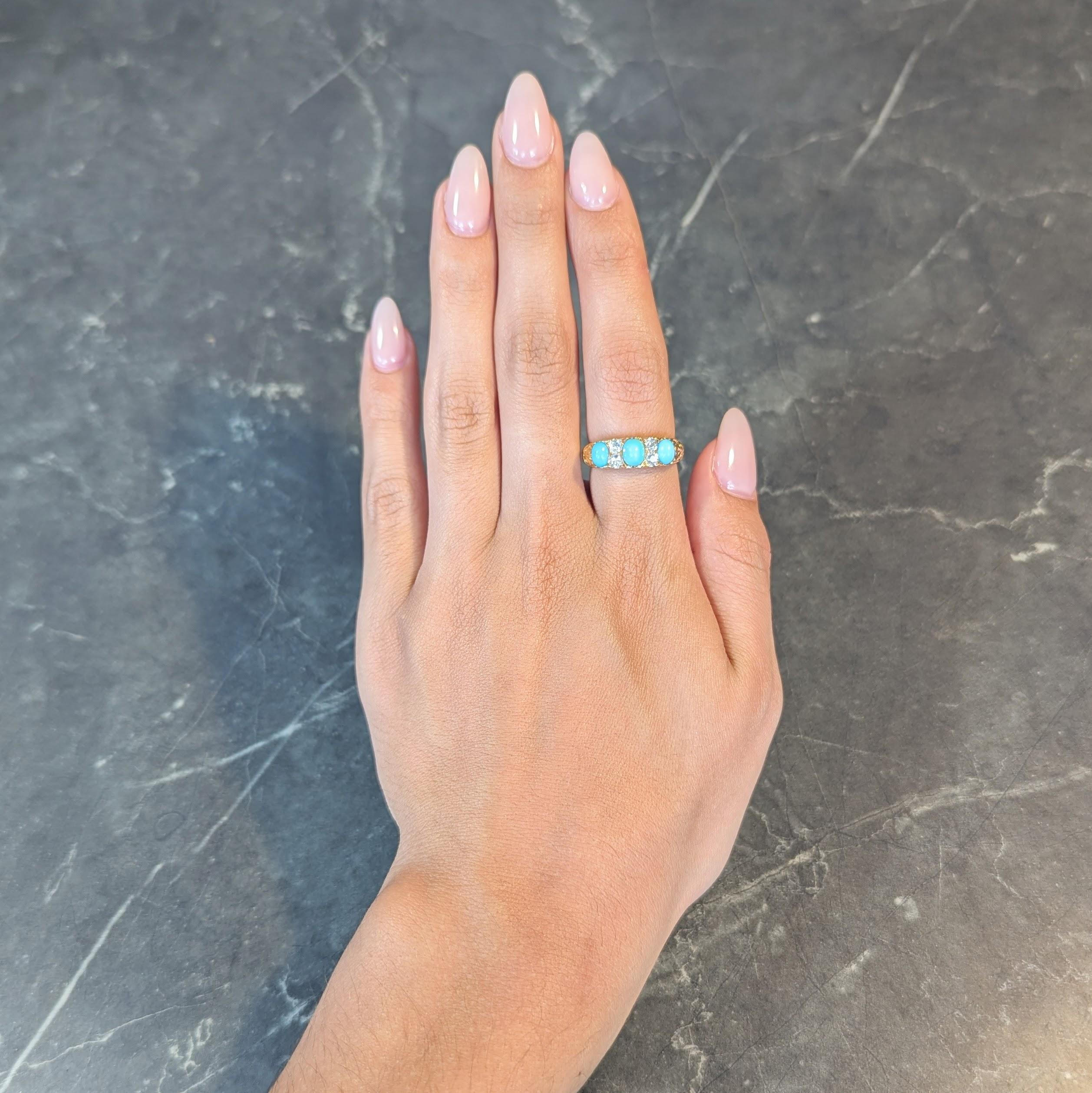 Round Cut Victorian Diamond Turquoise 18 Karat Yellow Gold Scrolling Antique Band Ring For Sale