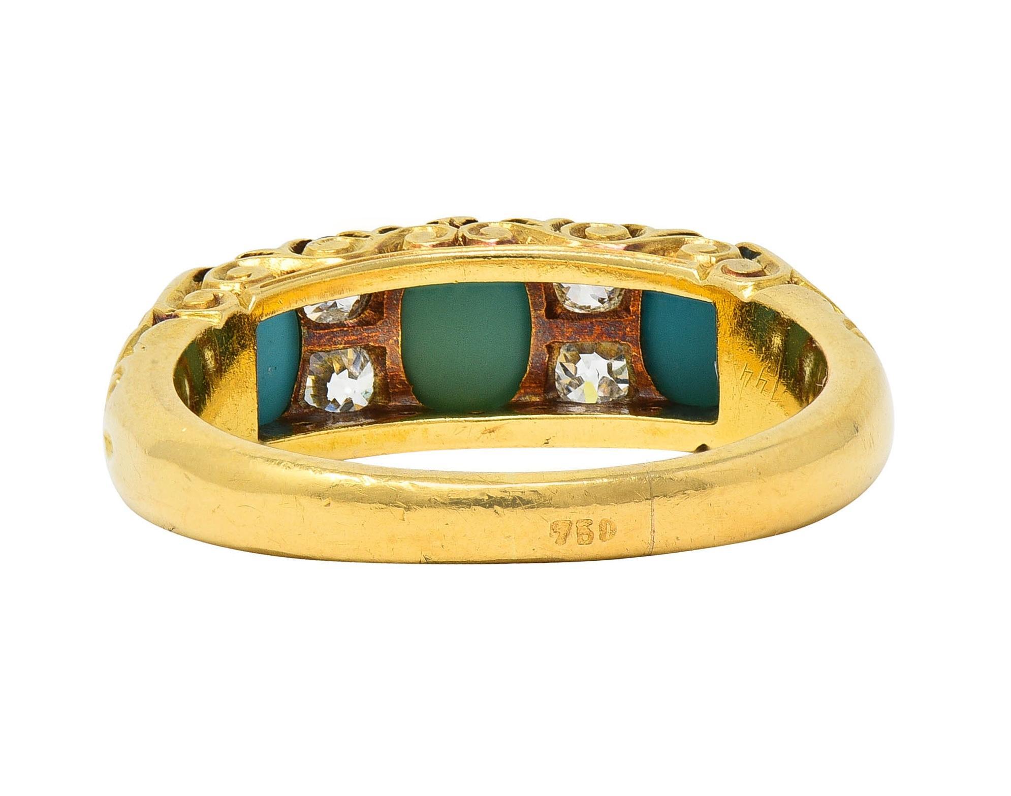 Victorian Diamond Turquoise 18 Karat Yellow Gold Scrolling Antique Band Ring For Sale 1