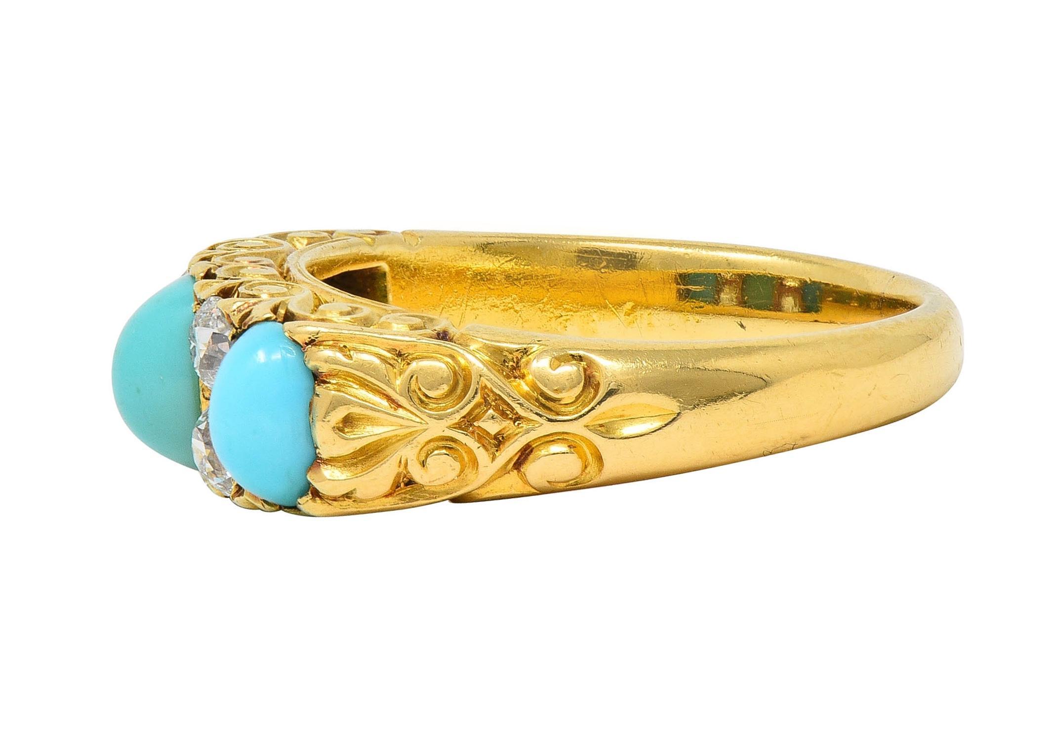 Victorian Diamond Turquoise 18 Karat Yellow Gold Scrolling Antique Band Ring For Sale 2
