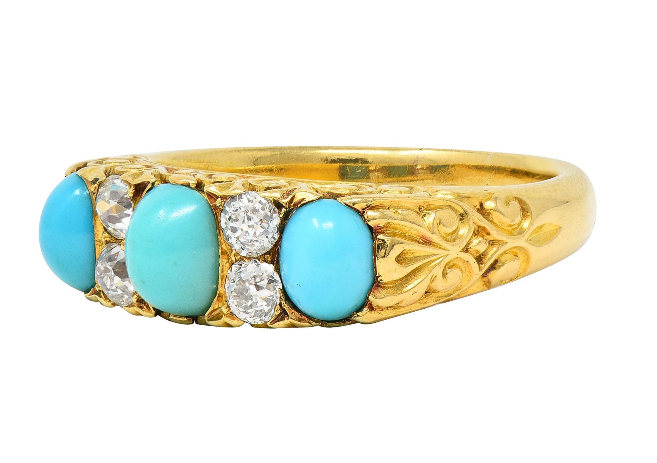 Victorian Diamond Turquoise 18 Karat Yellow Gold Scrolling Antique Band Ring For Sale 3