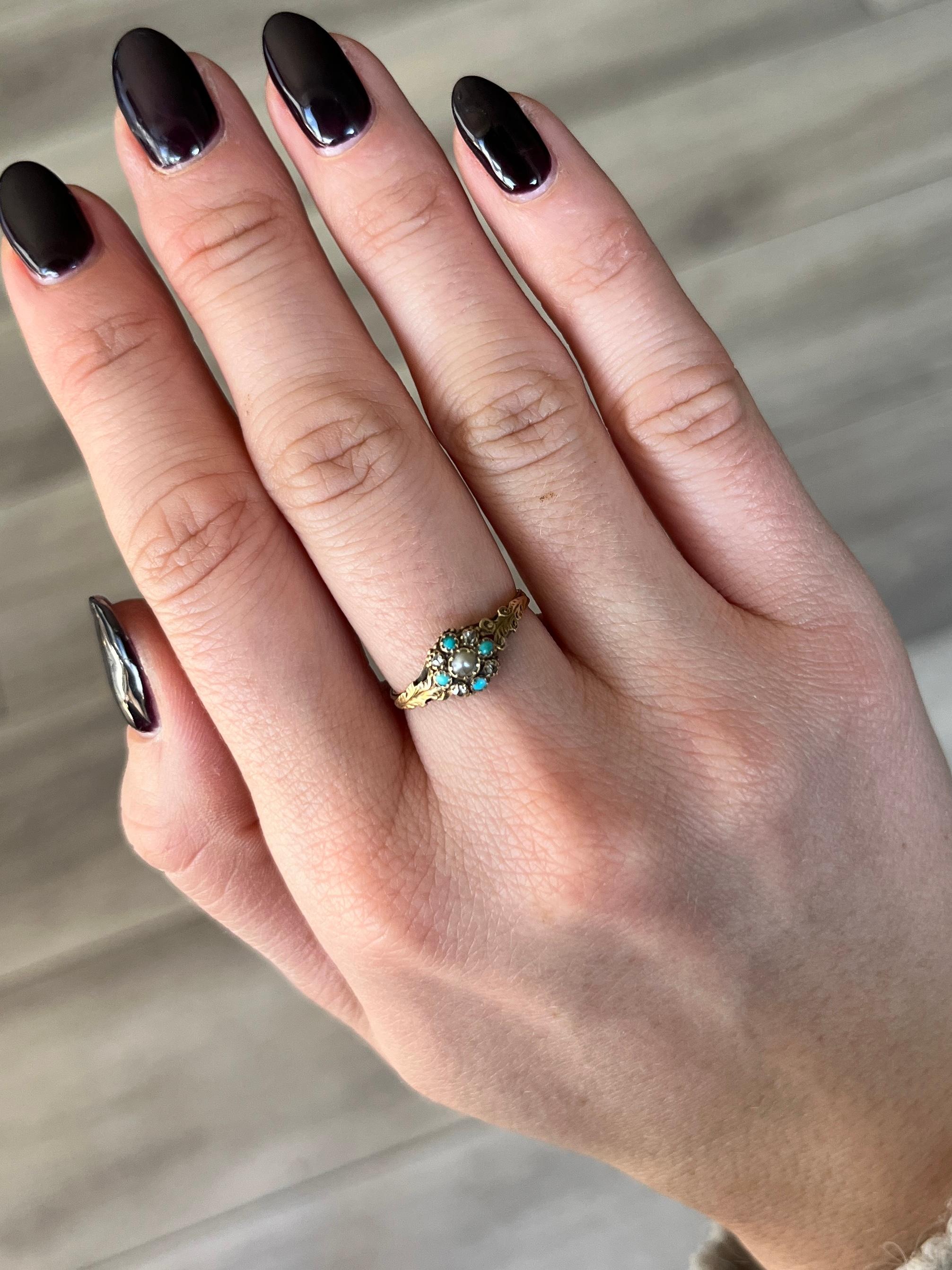 Round Cut Victorian Diamond, Turquoise and Pearl 9 Carat Gold Cluster Ring