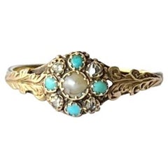 Victorian Diamond, Turquoise and Pearl 9 Carat Gold Cluster Ring