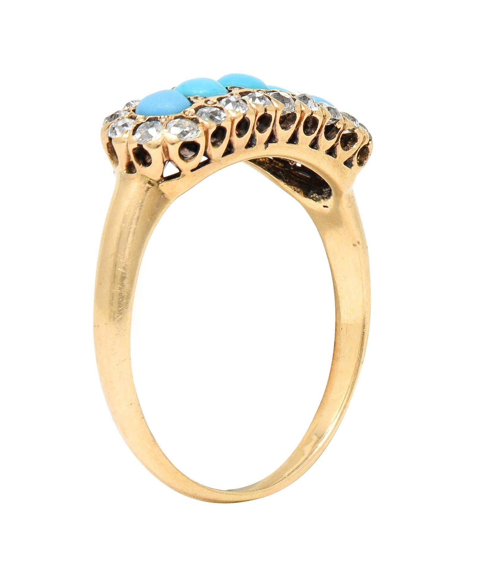 Victorian Diamond Turquoise Cabochon 14 Karat Yellow Gold Antique Cluster Ring For Sale 5