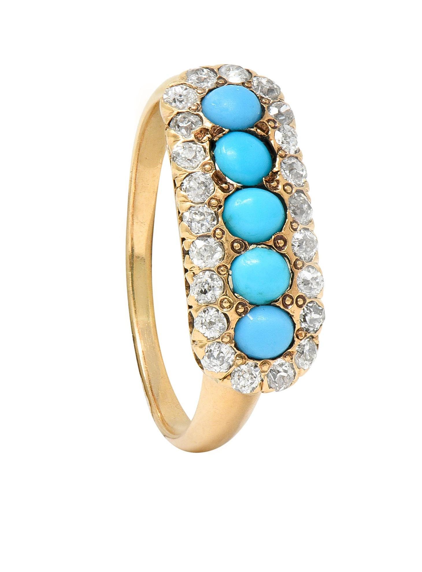 Victorian Diamond Turquoise Cabochon 14 Karat Yellow Gold Antique Cluster Ring For Sale 6