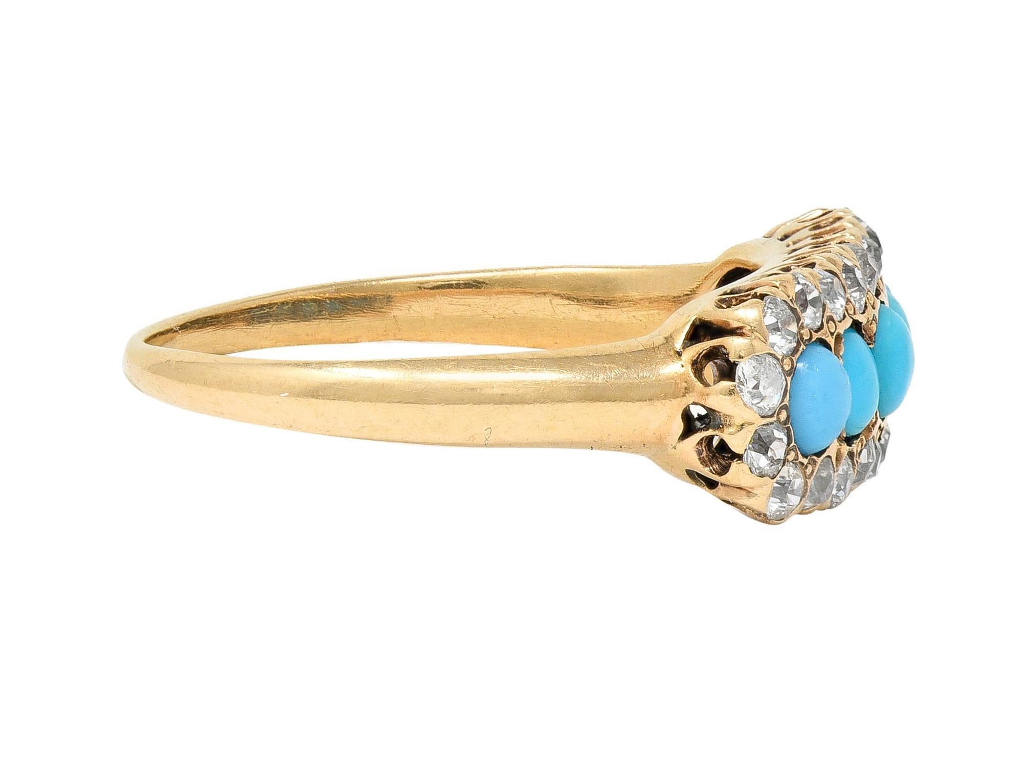 Victorian Diamond Turquoise Cabochon 14 Karat Yellow Gold Antique Cluster Ring In Excellent Condition For Sale In Philadelphia, PA