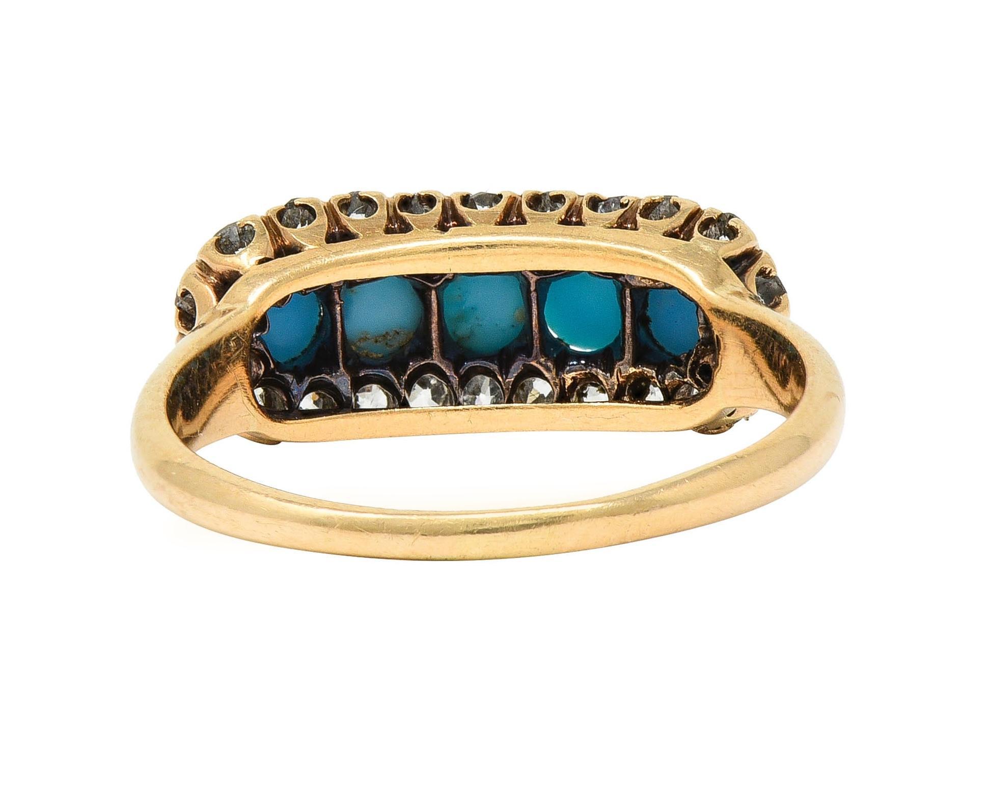 Women's or Men's Victorian Diamond Turquoise Cabochon 14 Karat Yellow Gold Antique Cluster Ring For Sale
