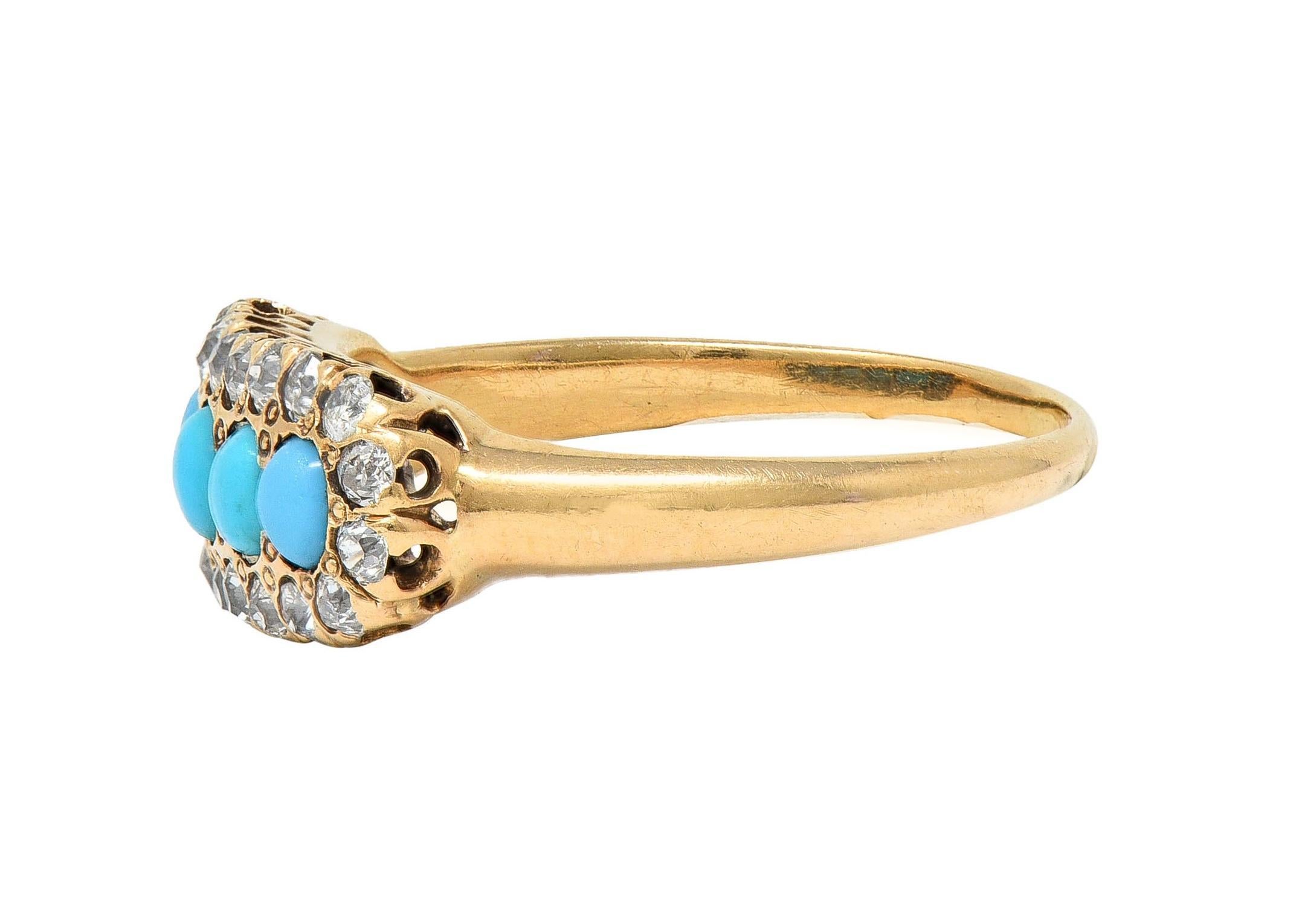 Victorian Diamond Turquoise Cabochon 14 Karat Yellow Gold Antique Cluster Ring For Sale 1