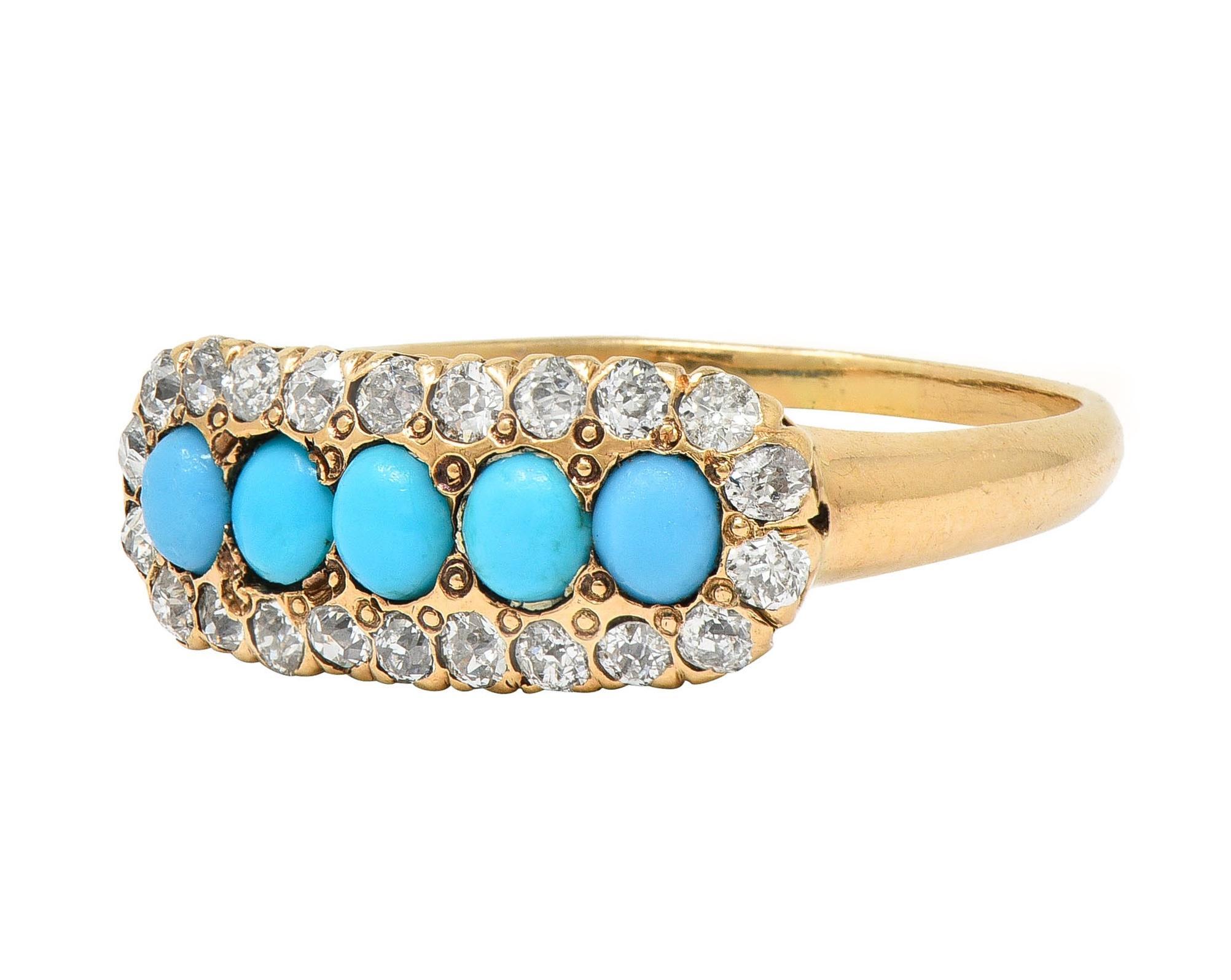 Victorian Diamond Turquoise Cabochon 14 Karat Yellow Gold Antique Cluster Ring For Sale 2