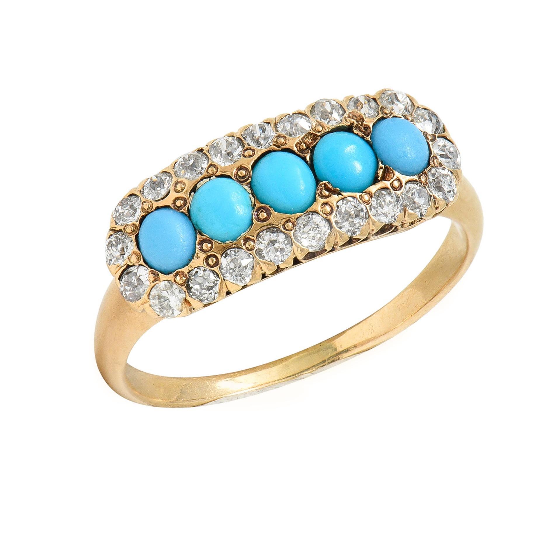 Victorian Diamond Turquoise Cabochon 14 Karat Yellow Gold Antique Cluster Ring For Sale 3