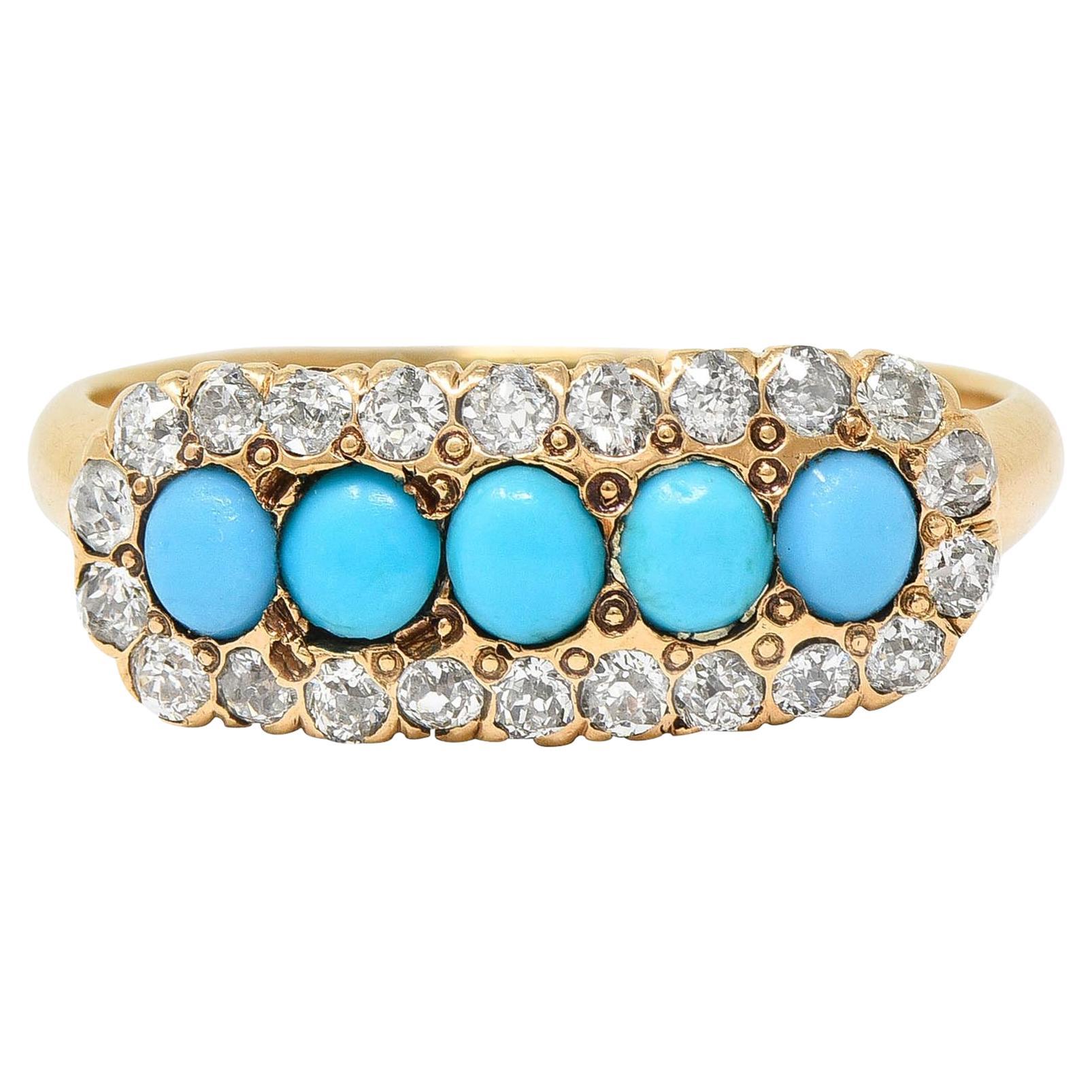 Victorian Diamond Turquoise Cabochon 14 Karat Yellow Gold Antique Cluster Ring For Sale