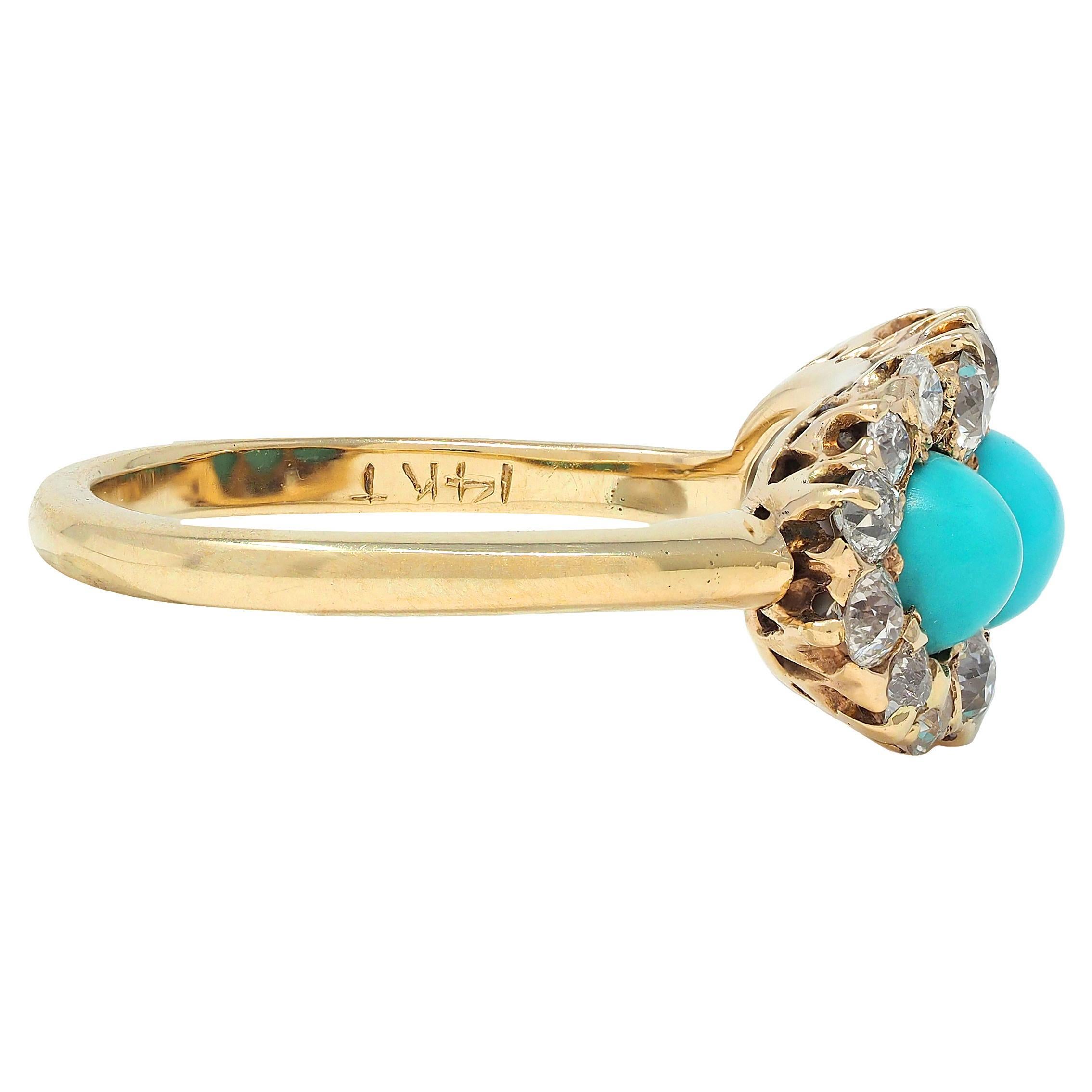 Round Cut Victorian Diamond Turquoise Cabochon 14K Yellow Gold Antique Cluster Band Ring