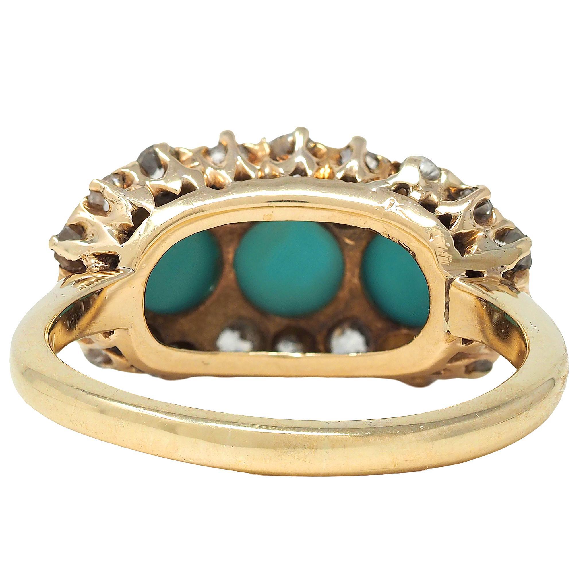 Victorian Diamond Turquoise Cabochon 14K Yellow Gold Antique Cluster Band Ring In Excellent Condition In Philadelphia, PA