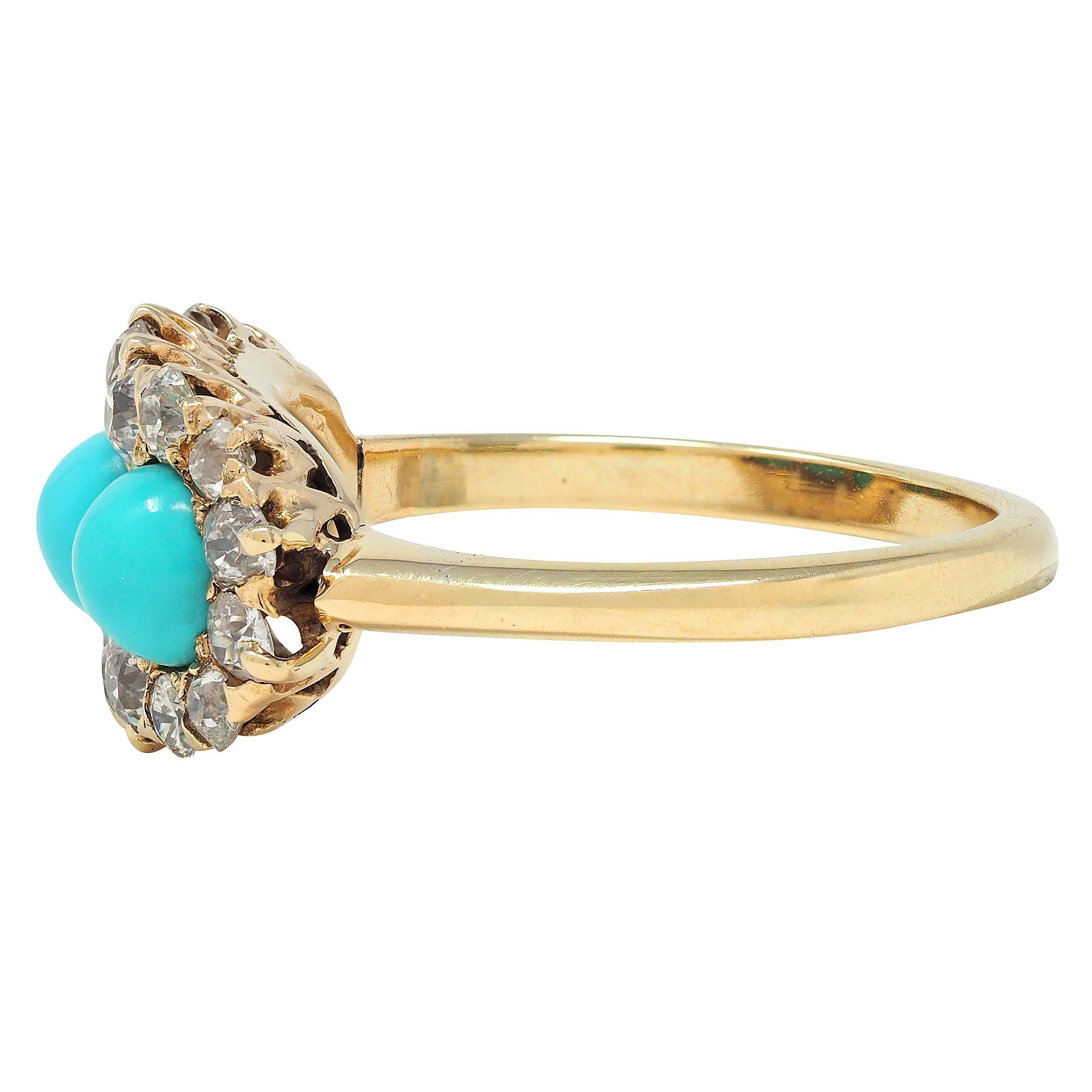 Women's or Men's Victorian Diamond Turquoise Cabochon 14K Yellow Gold Antique Cluster Band Ring